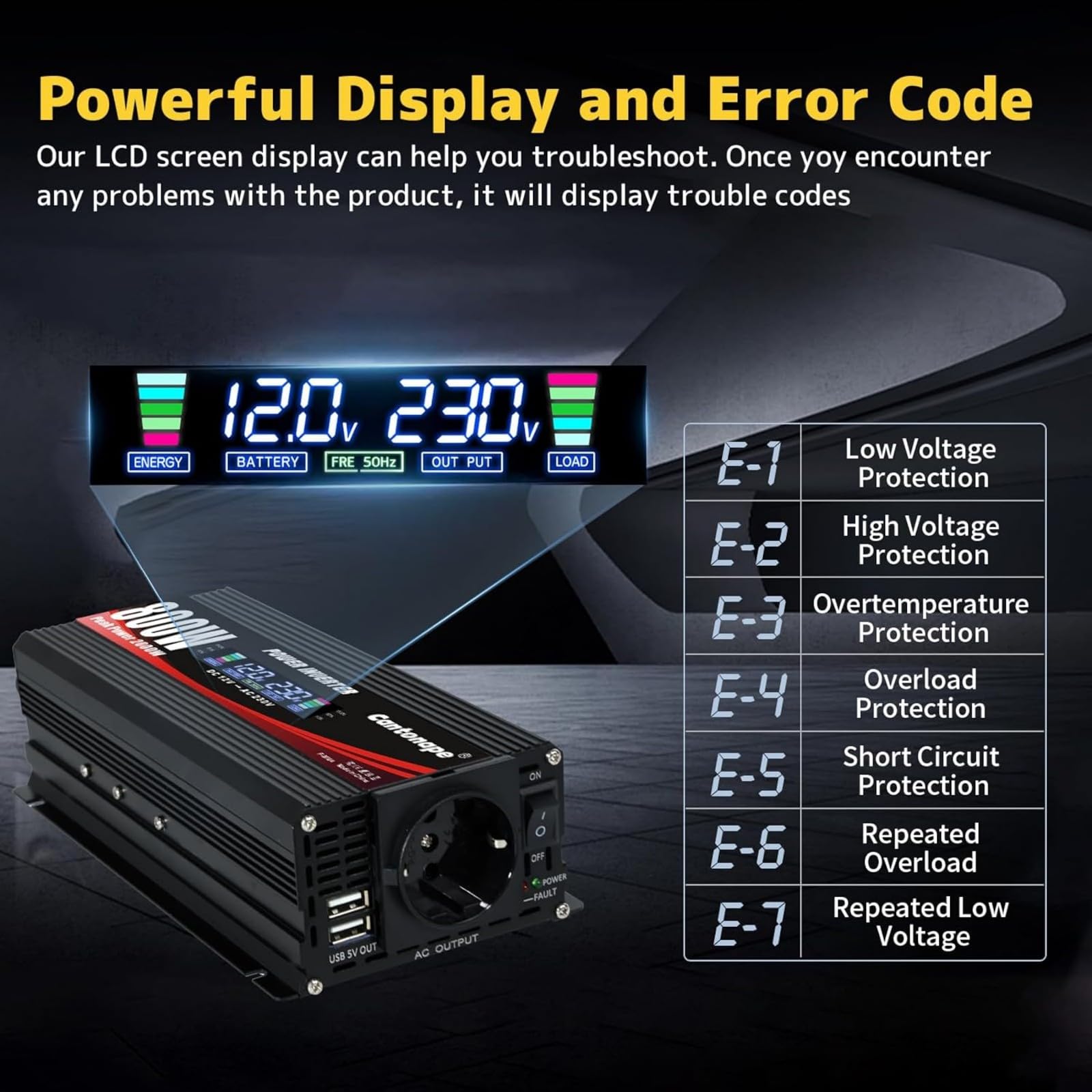 800 W/2000 W - Inverter di corrente per auto Onda modificata da 12 V a 220 V, 230 V, spina EU, Dual USB con display LCD Monitor per auto, camper, barca, campeggio