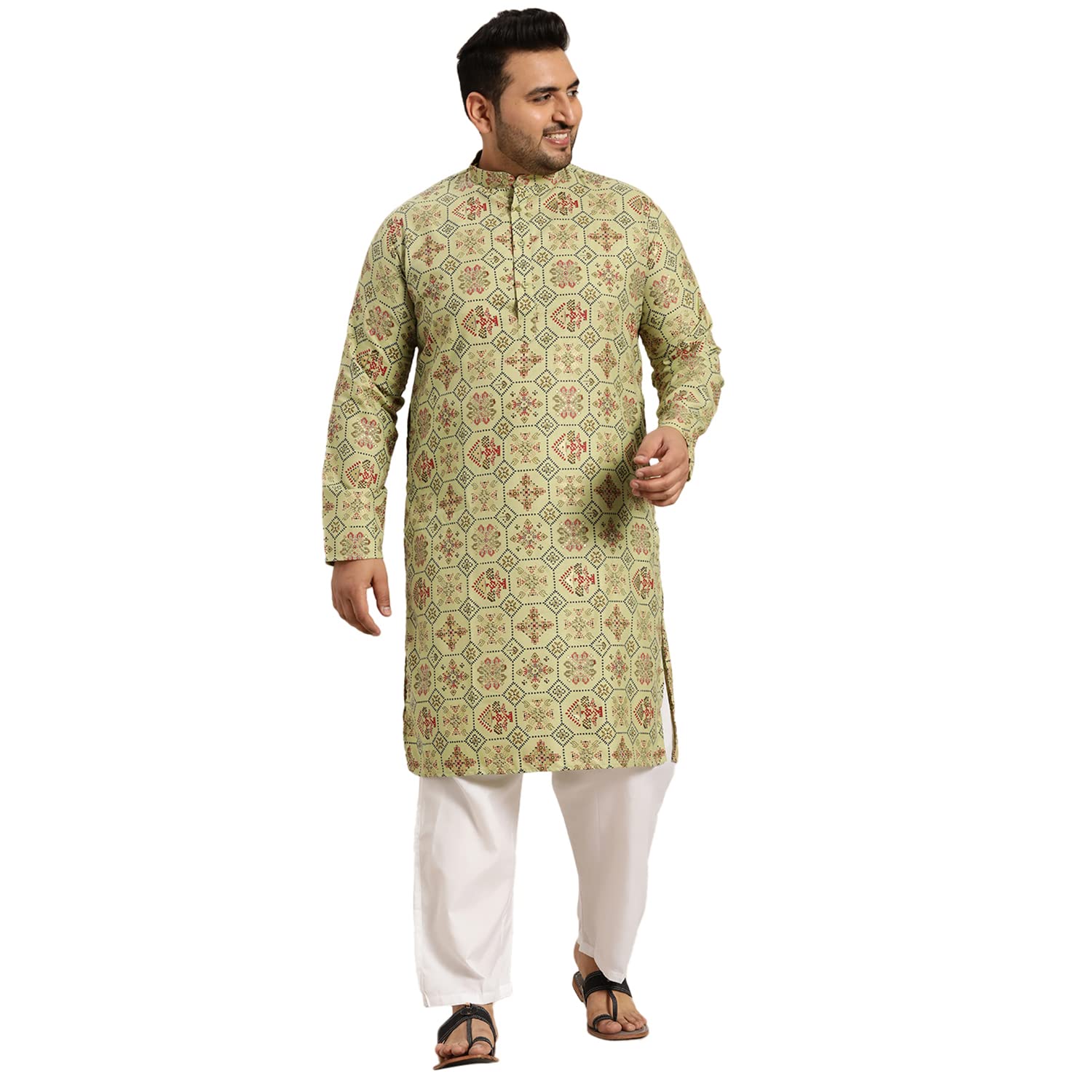 sojanya PLUS (Since 1958) Men's Cotton Linen Yellow and Multi Printed Kurta and White Pyjama Set-picture-37