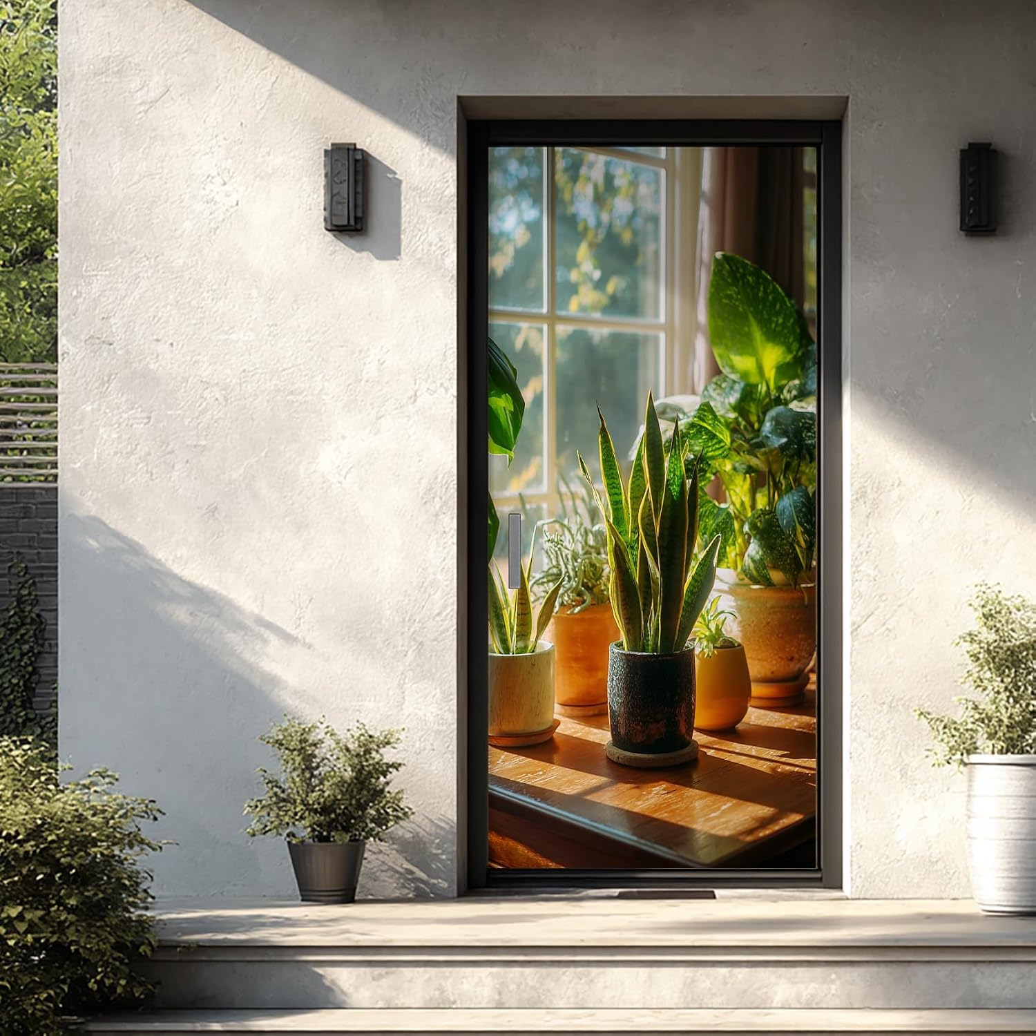 Sticker Porte Plantes Vertes, Stickers Porte Trompe L'oeil Plante en Pot Autocollant Poster Auto-Adhésif Art Décor Pour Chambre Salon Salle de Bain Papier Peint 95x215 cm