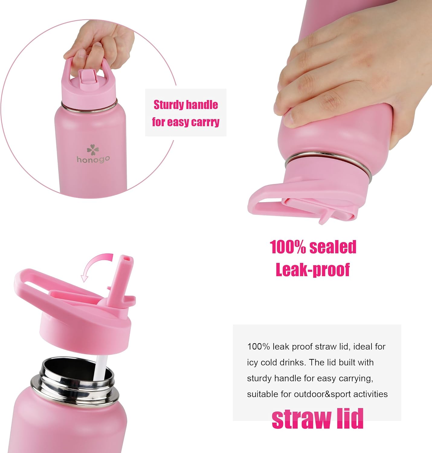 32 oz Powder Coated Double Wall Vacuum Insulated Sports Water Bottle, 18/8 Stainless Steel Wide Mouth Thermal Flask with Straw Lid & Spout Lid, Leak Proof, Sweat Free, BPA Free (Pink, 32 oz) - Image 6