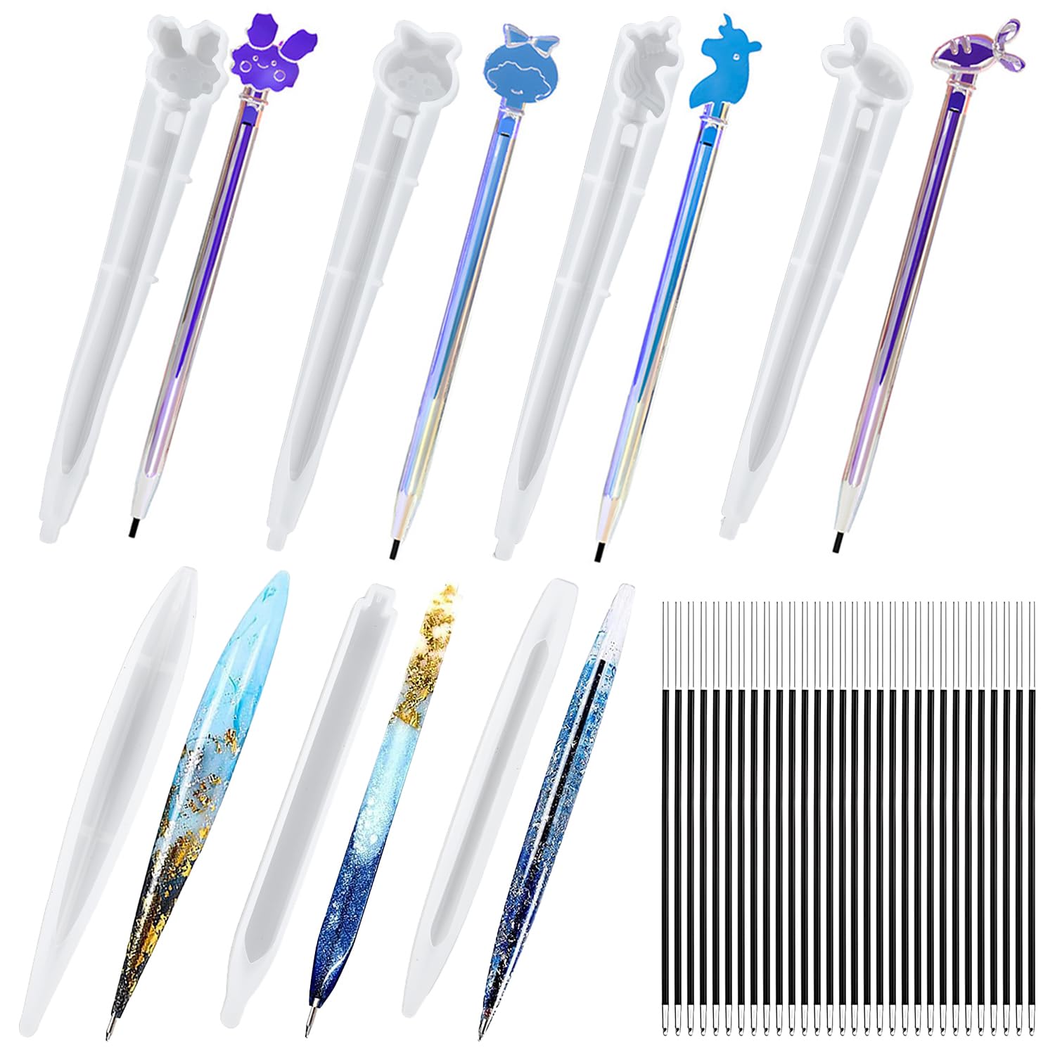 Waitamo Resin Moulds, 7Pcs Pens Silicone Mould with 30 Pen Refills Ballpoint Pen Molds for Epoxy Resin Casting DIY Crafts Campus Gifts