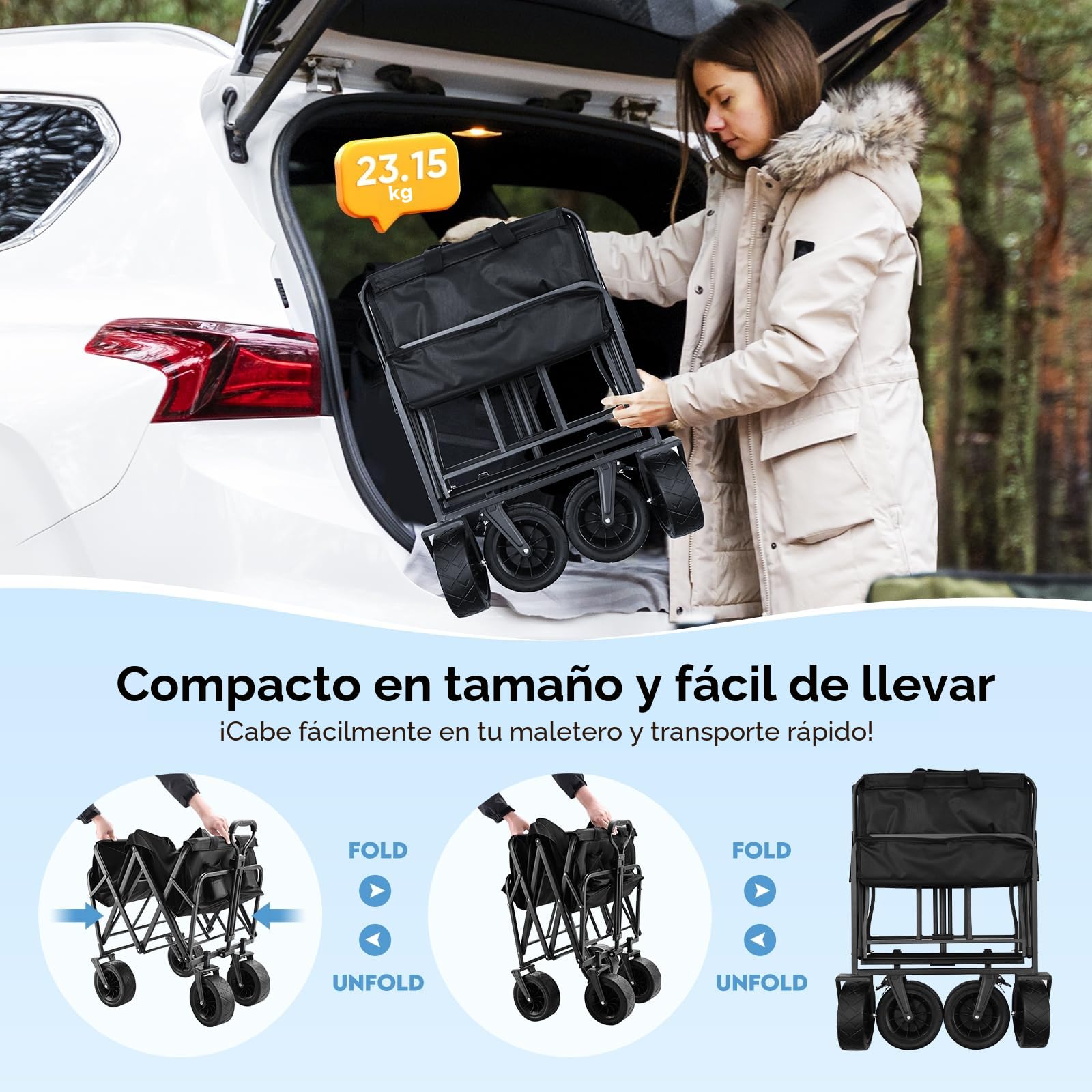 Carro Playa Plegable con portavasos, 100 l, 100 kg. Carro de Transporte, Carro de jardín, Carro para Playa, Uso al Aire Libre, Compras. Apto para Todo Tipo de terrenos, con Frenos.