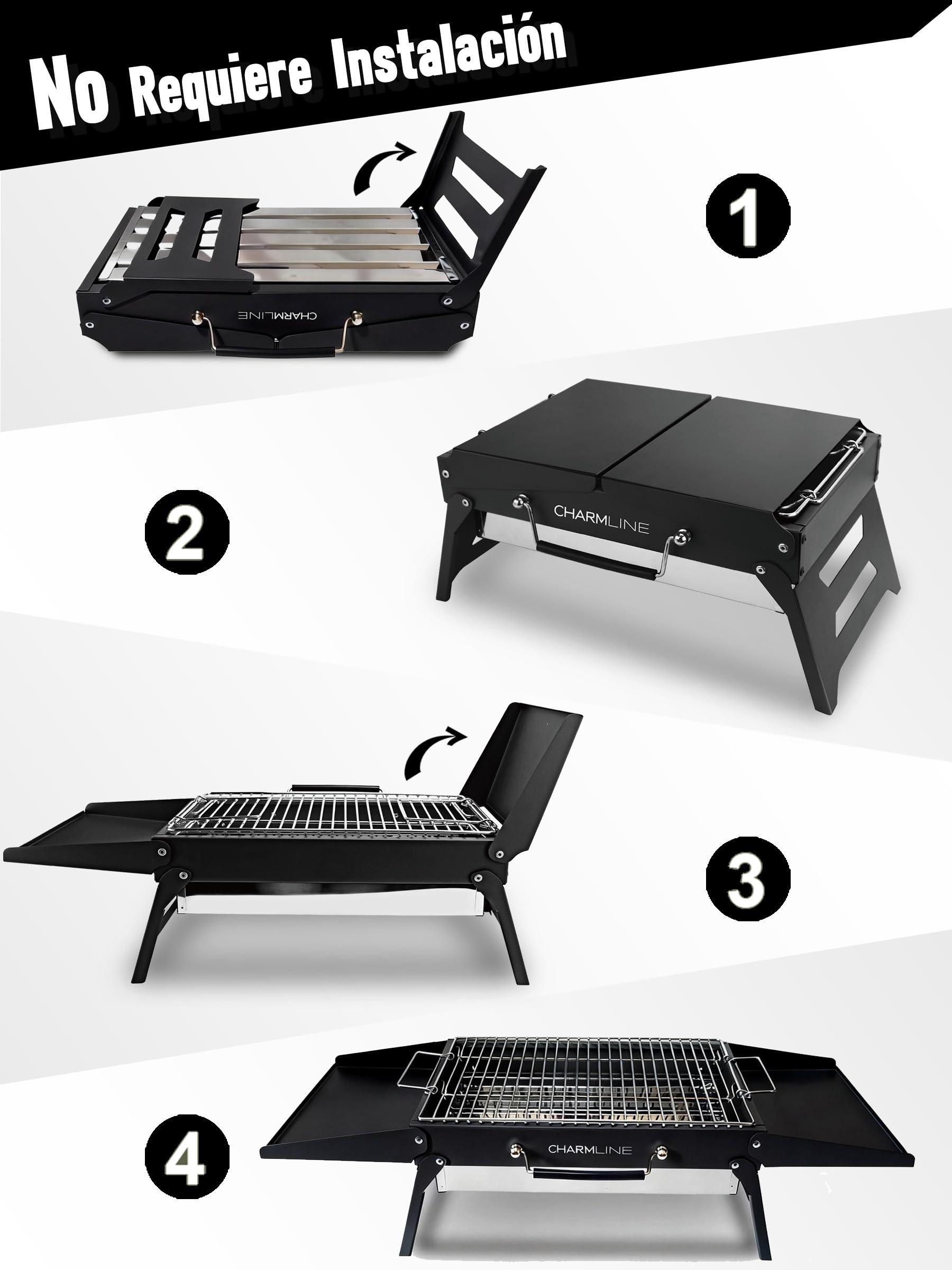 Charmline 39 * 27 cm Barbacoa de Carbón para Camping, Picnic, Jardín y Playa, Pequeña Barbacoa de Carbón Portátil Plegable para 2-4 Personas, BBQ Portátil para Uso en Exteriores, Negro