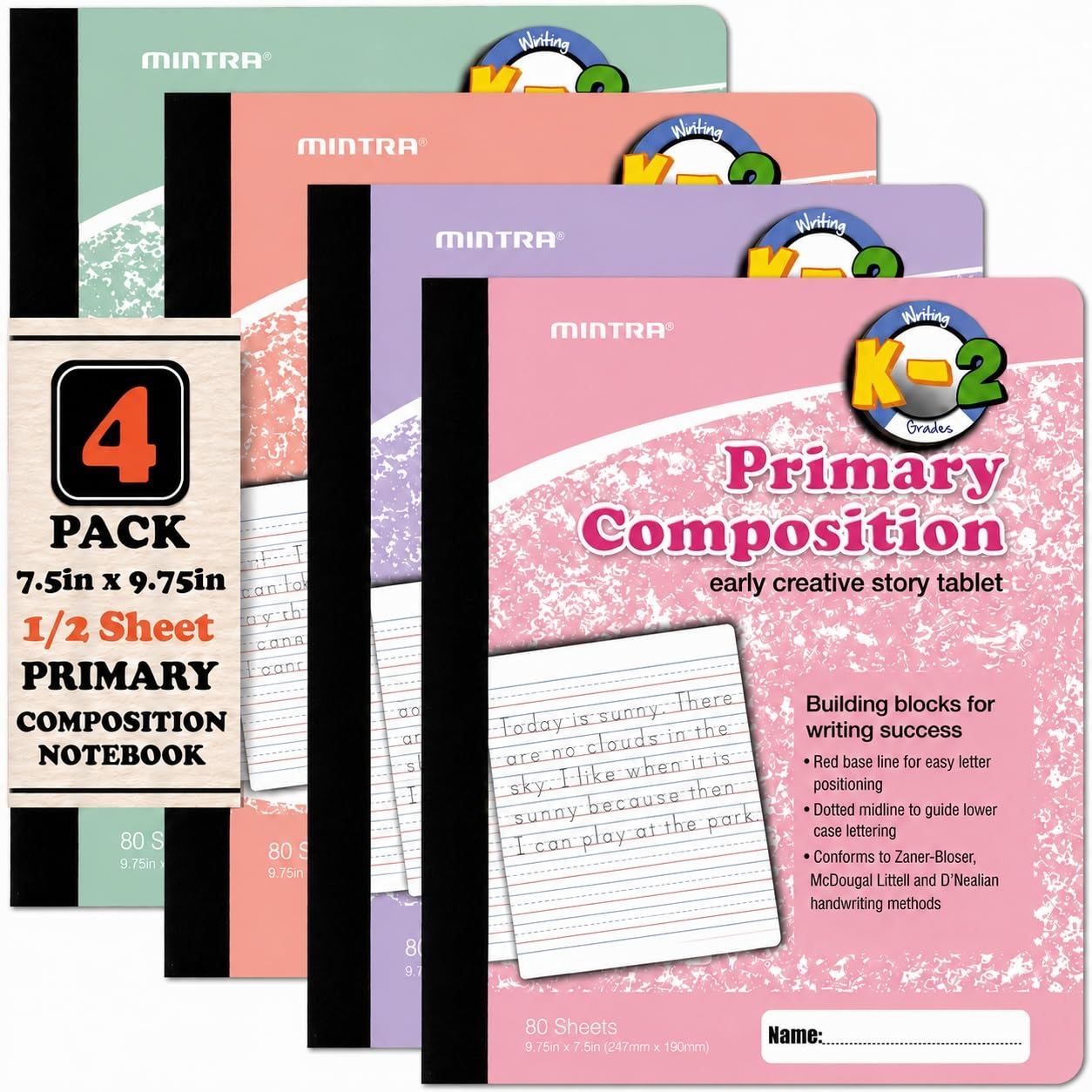 Mintra Office Primary Ruled Composition Books (Primary Ruled - Pastel - Full Sheet, 4 Pack)