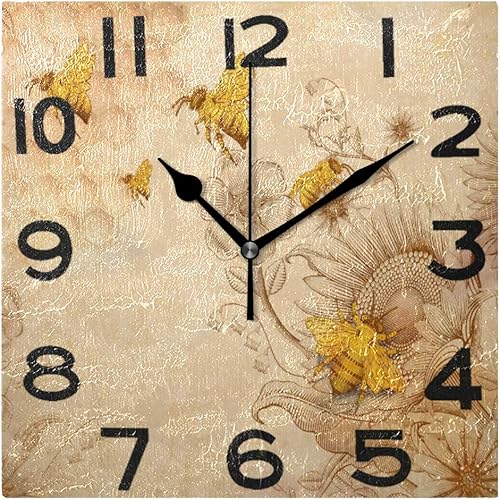 Elegante reloj de pared cuadrado con estampado vintage de abejas y girasoles, 8 pulgadas, funciona con pilas, reloj de escritorio analógico