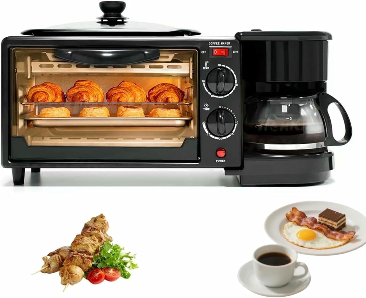 3-in-1 Breakfast Station, Coffee Maker, Toaster Oven & Removable Nonstick Frying Pan, 30-Min Timer & Adjustable Temp - for kitchenette