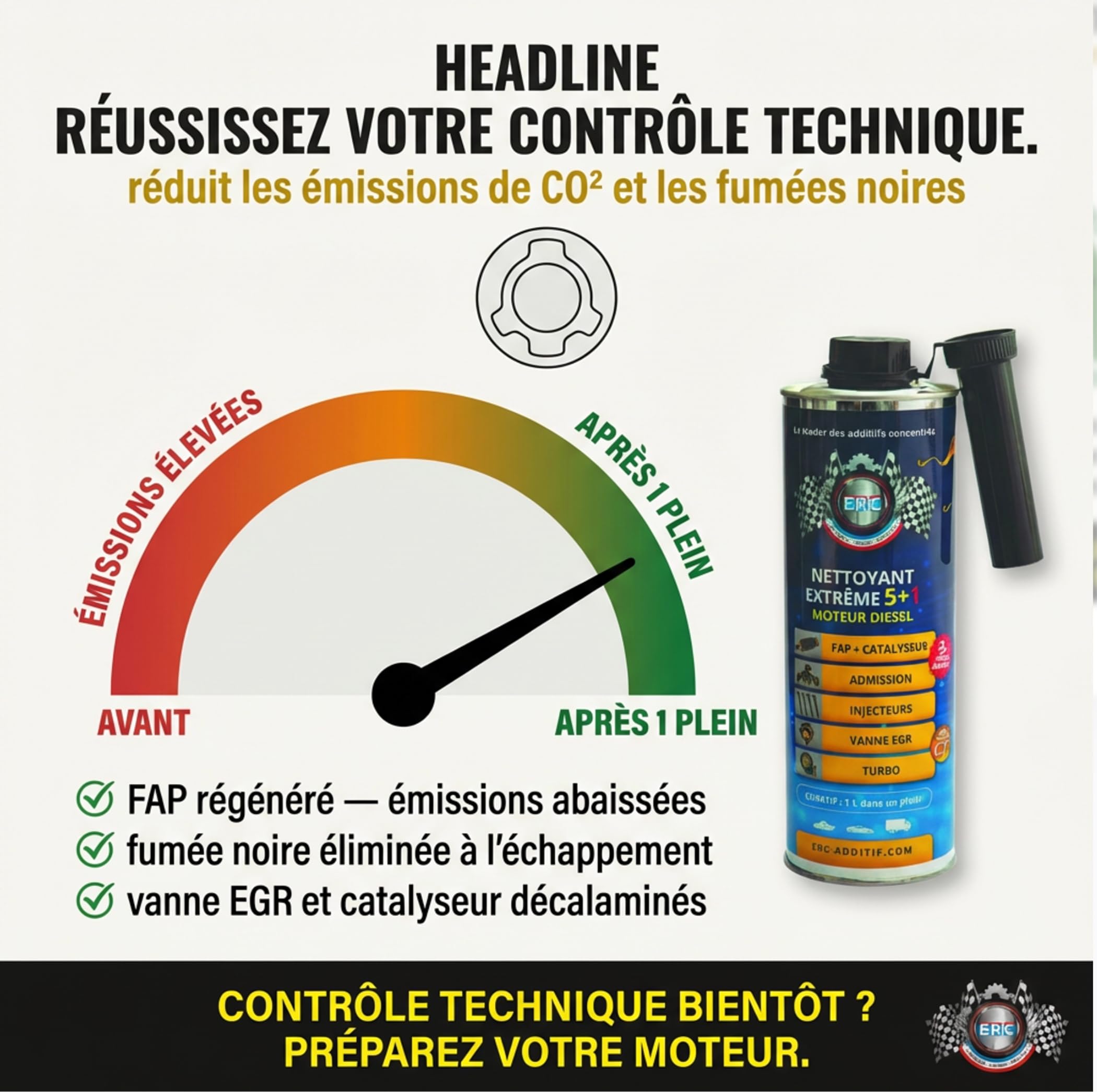 ERC | Nettoyant Extrême 5+1 Diesel Décrassant Moteur sans Démontage | Régénère FAP, Vanne EGR, Turbo, Injecteurs | Cétane Booster Puissance et Économie | Additif Pro Contrôle Technique | 1 L