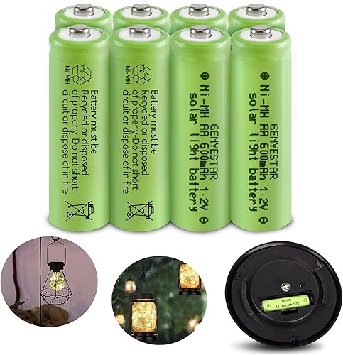 Nimh - Baterías recargables AA, 600 mAh, 1.2 V, doble A, batería de luz solar, ideal para jardín, césped, paisajismo, lámparas, linterna, paquete de