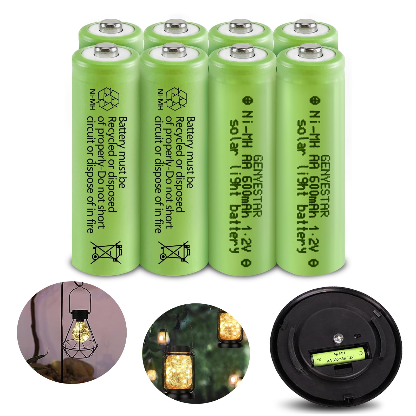GENYESTAR AA Rechargeable Batteries, Nimh 600mAh 1.2V Double A Solar Light Battery Ideal for Solar Garden Lawn Landscaping Lamps Lights Lantern,8 Pack
