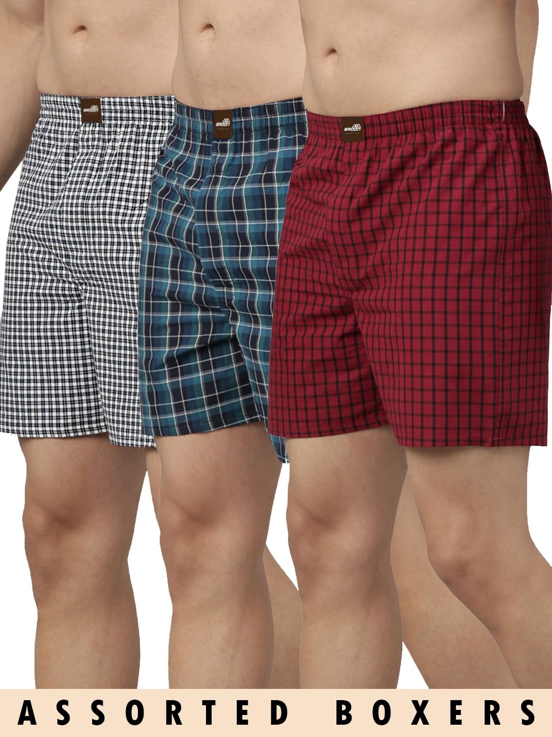 Men's Multicolor Checked Cotton Blend Assorted Boxer Shorts Pack of 3 | Regular Fit | Elasticated Waistband | Back Pocket | Mens Boxers
