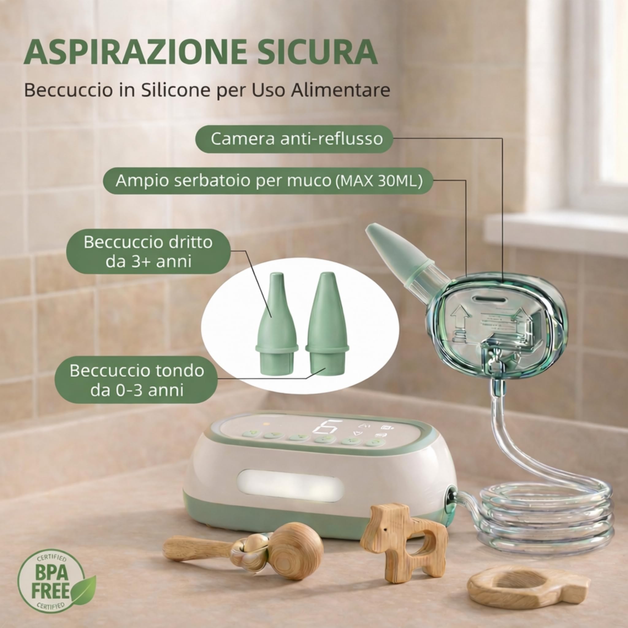 Aspiratore Nasale Elettrico NuvioTech, per Neonati e Bambini, ricaricabile, Funzione aspirazione pulsata, Display Digitale, Funzione Musicale e Luminosa, Include 50 Filtri e Accessori