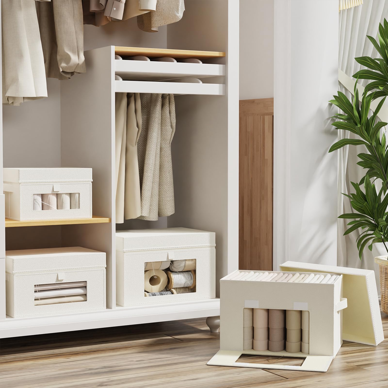 2 Scatole Portaoggetti Finestra Trasparente, 38x25x25 cm, Beige | Organizzatori Capienti per Armadio in Tessuto con Coperchio, Pieghevoli Unità Di Organizzazione, Contenitori per Vestiti