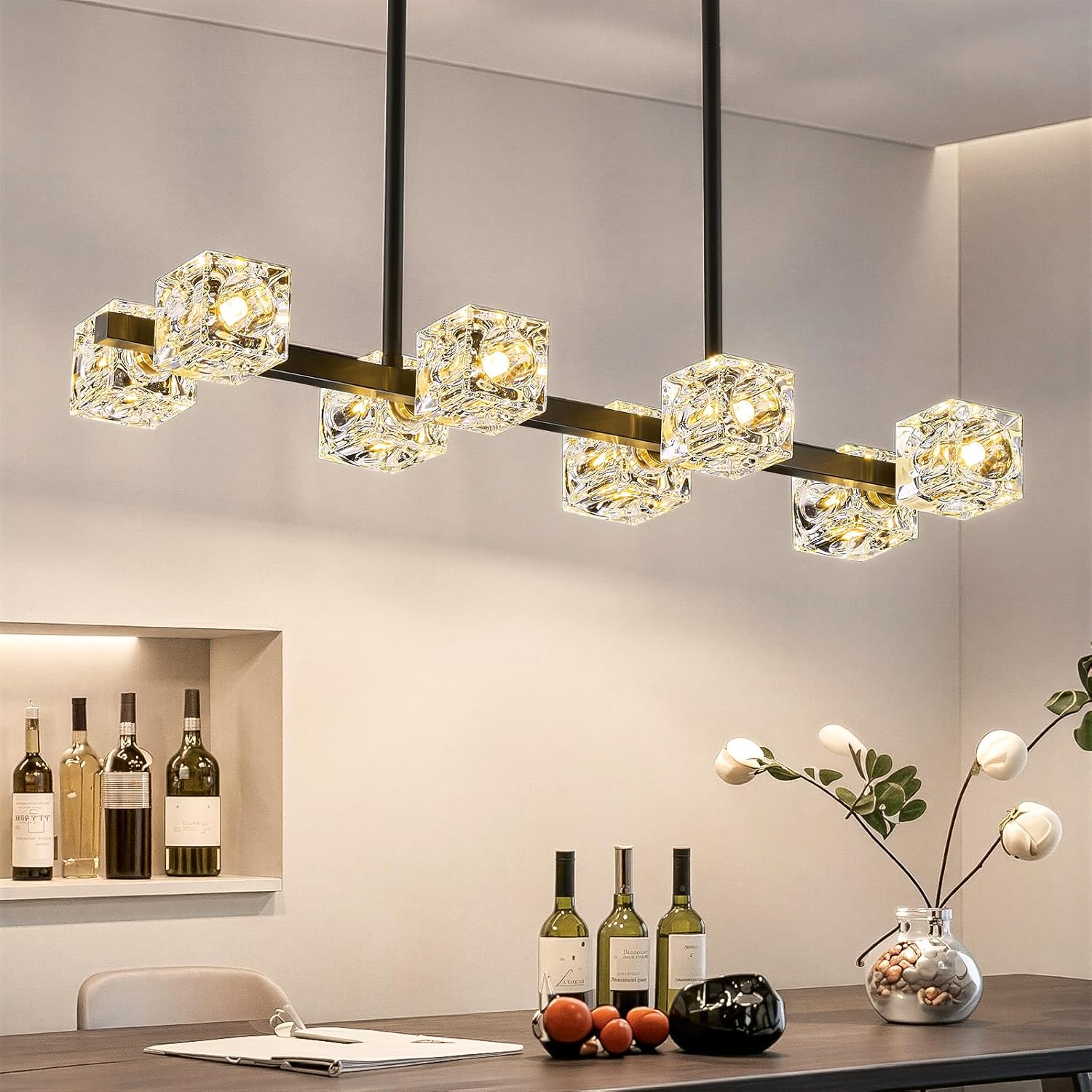 Modern Black Crystal Chandelier, 8-Light Cube K9 Crystal Pendant Light with Adjustable Height, Farmhouse Dining Room Hanging Light for Kitchen Island, Living Room，Bedroom,Over Table