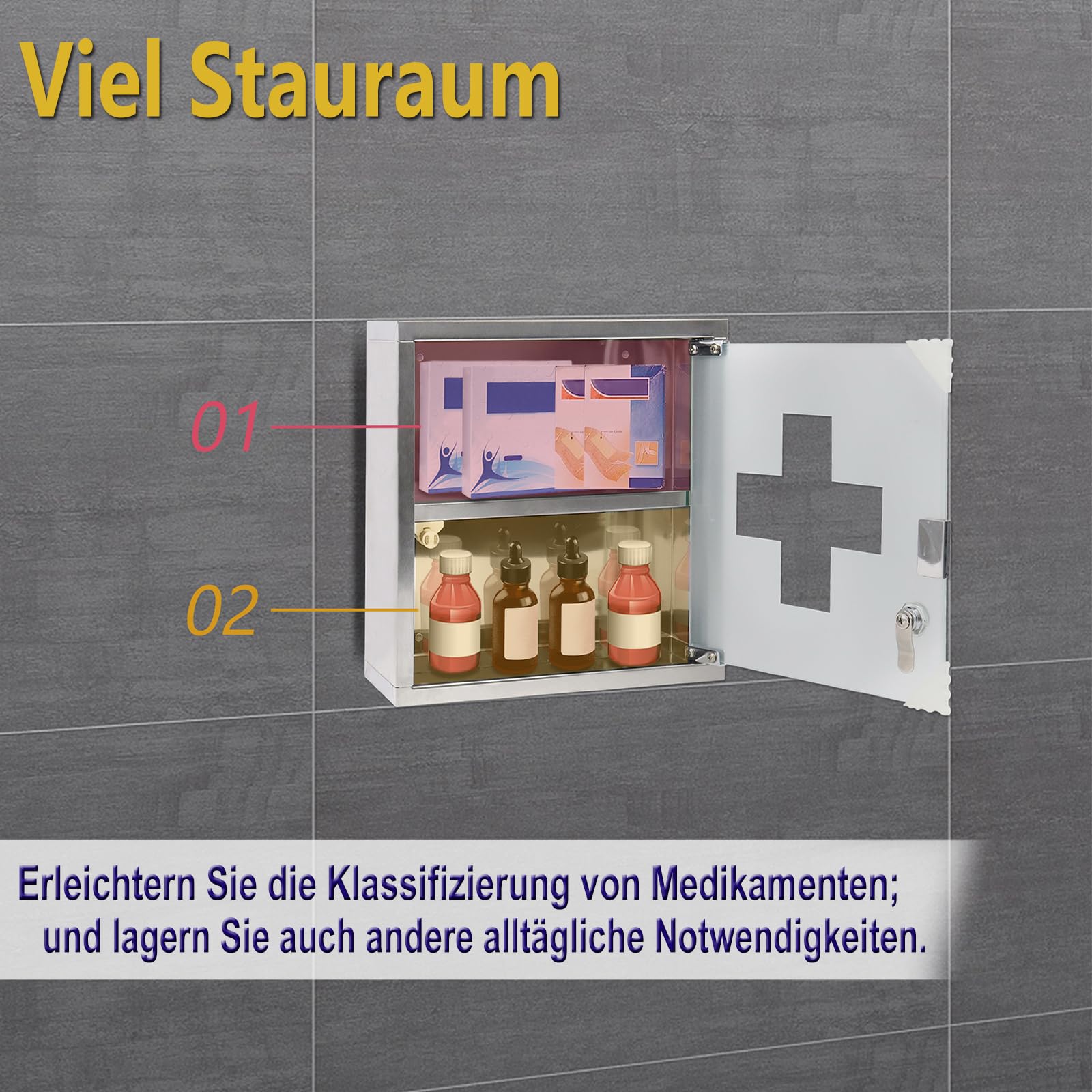 Armoire à pharmacie avec porte en verre et 2 clés, verrouillable, en acier inoxydable, suspendue, 2 compartiments, 30 x 30 x 12 cm