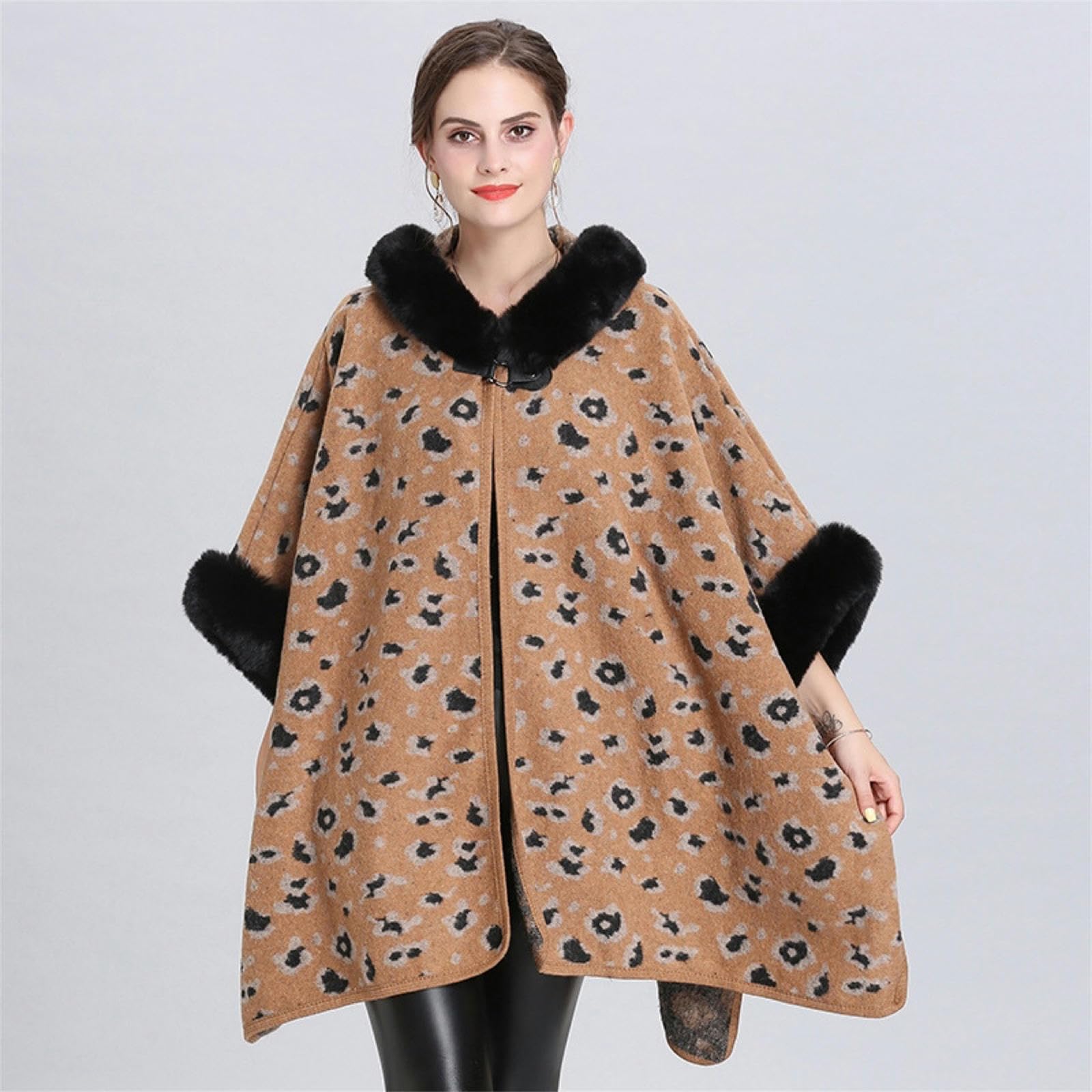 Poncho Donna Scialcano con Cappuccio con Cappuccio per Leopardo Autunno E Inverno Cape di Grande Dimensione Cardigan Woolen Coat per Donne-Cammello
