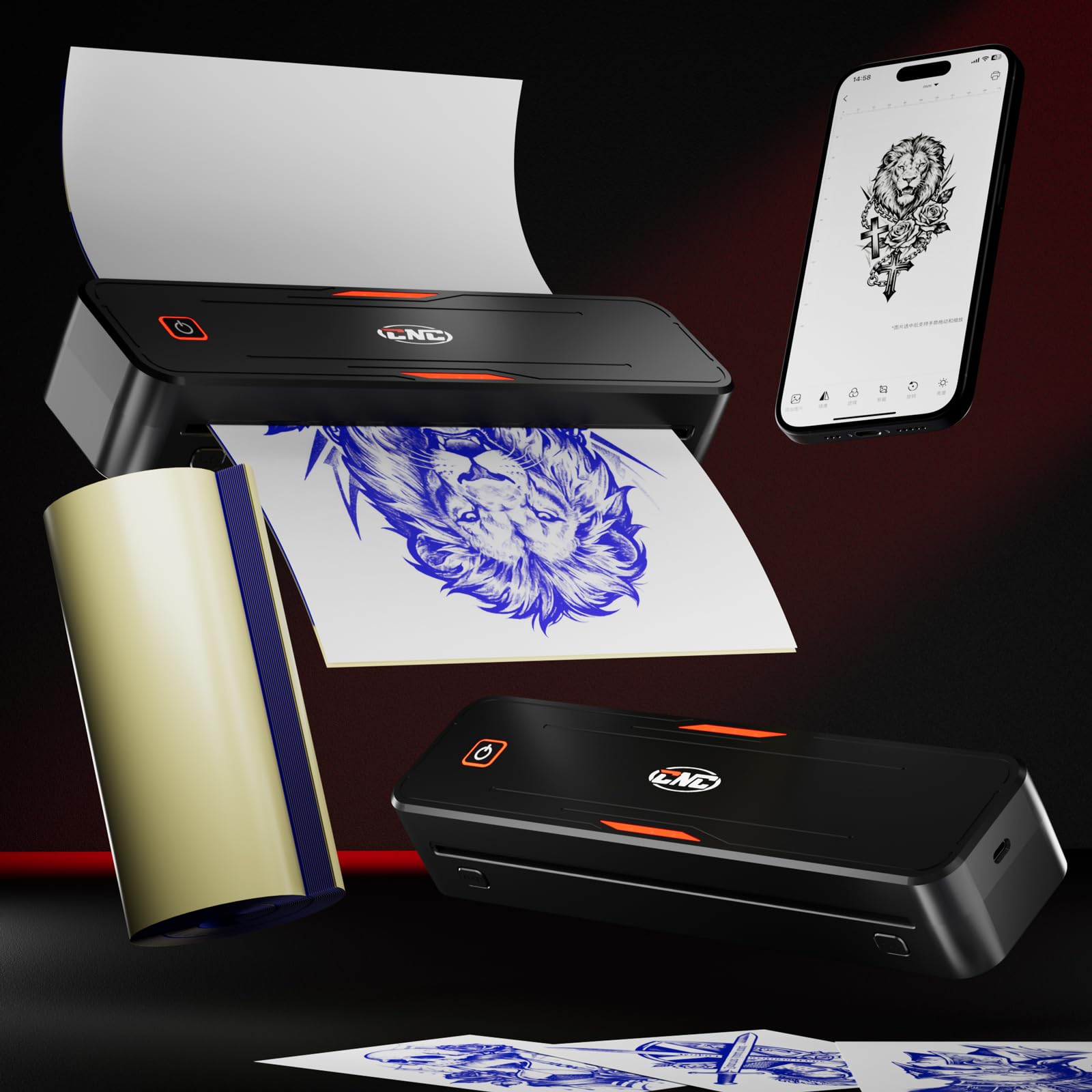 CNC Wirless - Impresora de tatuajes con Bluetooth, con 15 piezas de papel, máquina de transferencia térmica de tatuajes con impresora de plantillas para artistas de tatuajes y principiantes