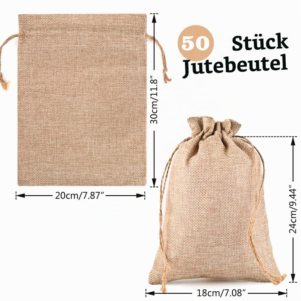 50 Stück Jutesäckchen 20x30cm Geschenktüten Große Jutebeutel Braun