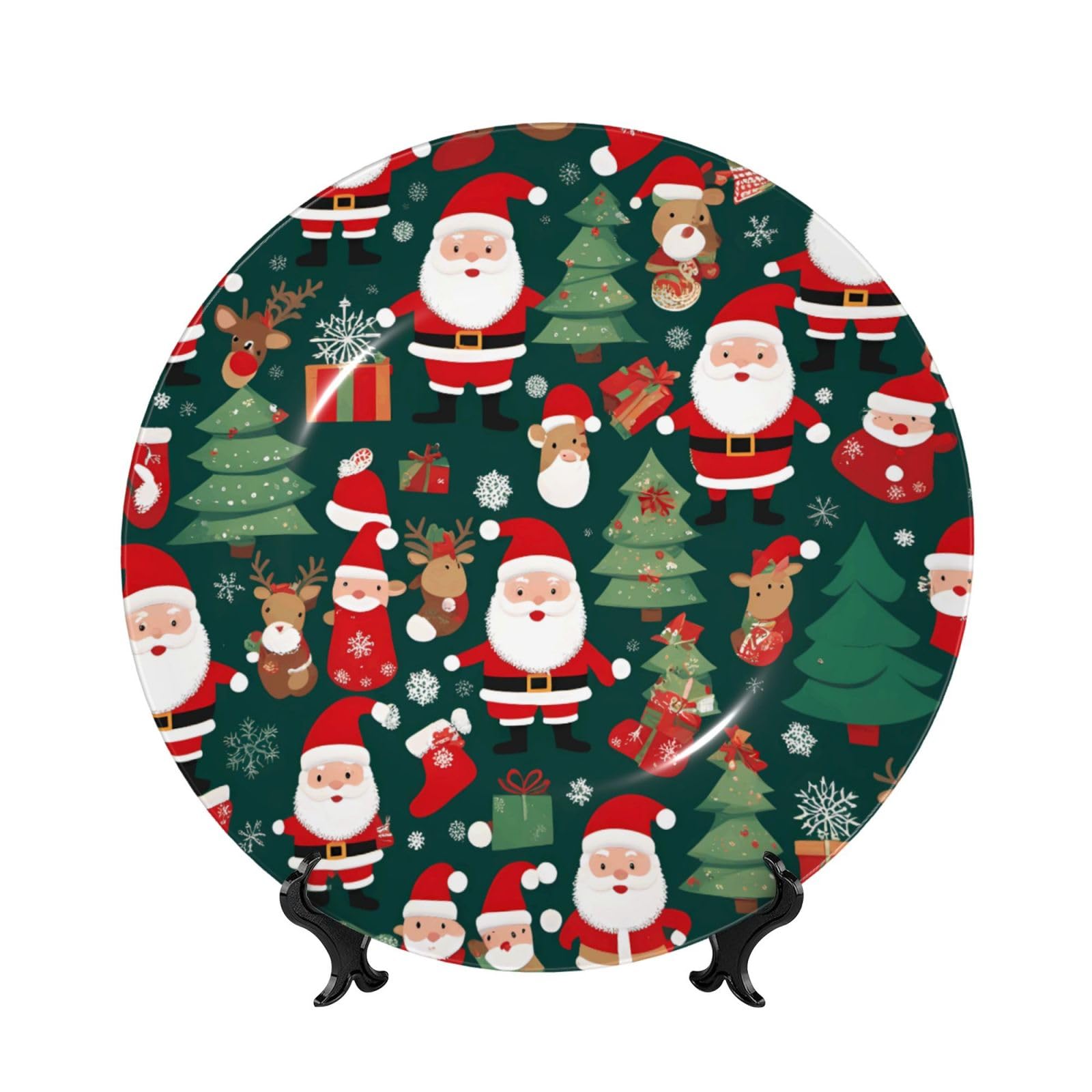 SXZVVBN Santa Claus and Christmas tree Bone China Decorative Plate Art with Stand Removable Adhesive Hanging for Home Office 8in（20cm）
