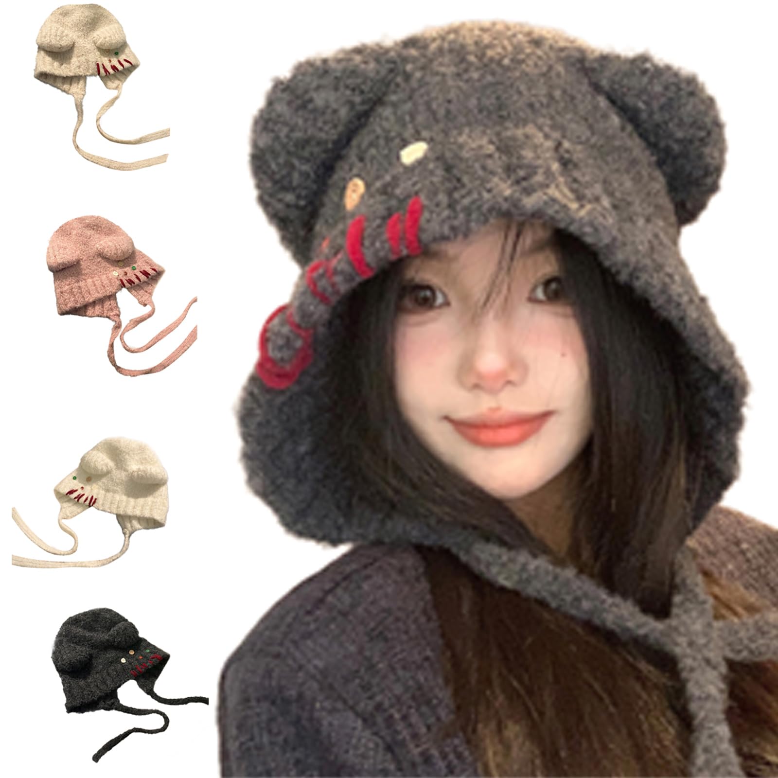 Furry Cartoon Head Covering with Ear for Outdoor Sports Furry Hat with Ear Oversized Headgear Hat for Winter Beige