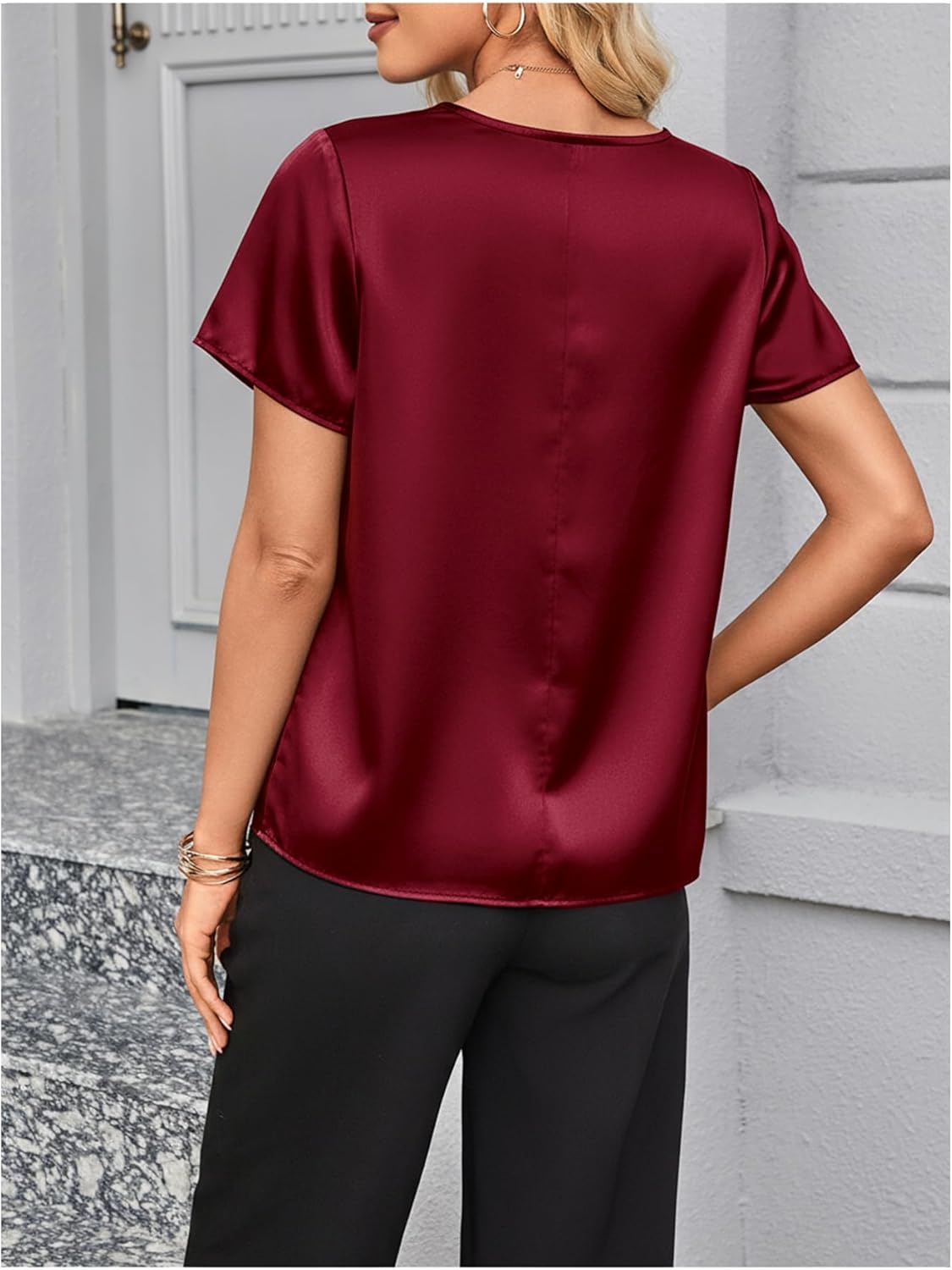 SweatyRocks Women's Draped Satin Blouse Short Sleeve Cowl Neck Dressy Work Shirts - Image 2