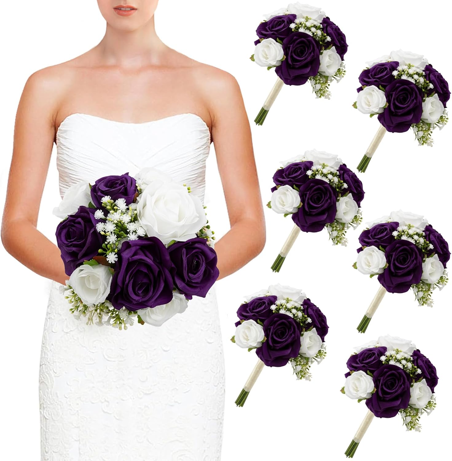 Wedding Bridesmaid Bouquets Set of 6, Artificial Silk Flowers Arrangement for Ceremony Marriage Proposal Party Anniversary Decorations - Deep Purple & White
