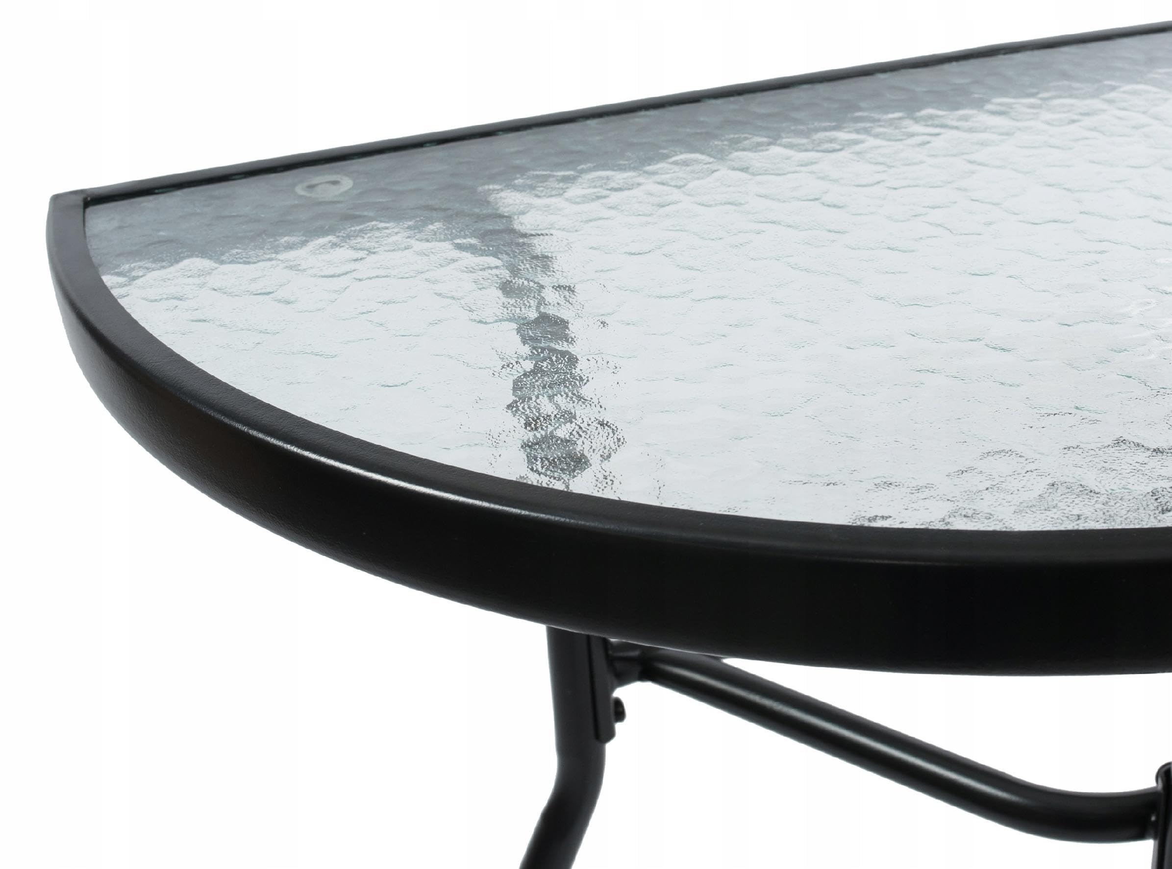 JUMI Praktischer Gartentisch 70 x 64 x 40 cm – Halbrunder Balkontisch für Balkon, Terrasse, Garten, Camping – Kompakter Tisch mit Glasplatte - Metallrahmen, Schwarz