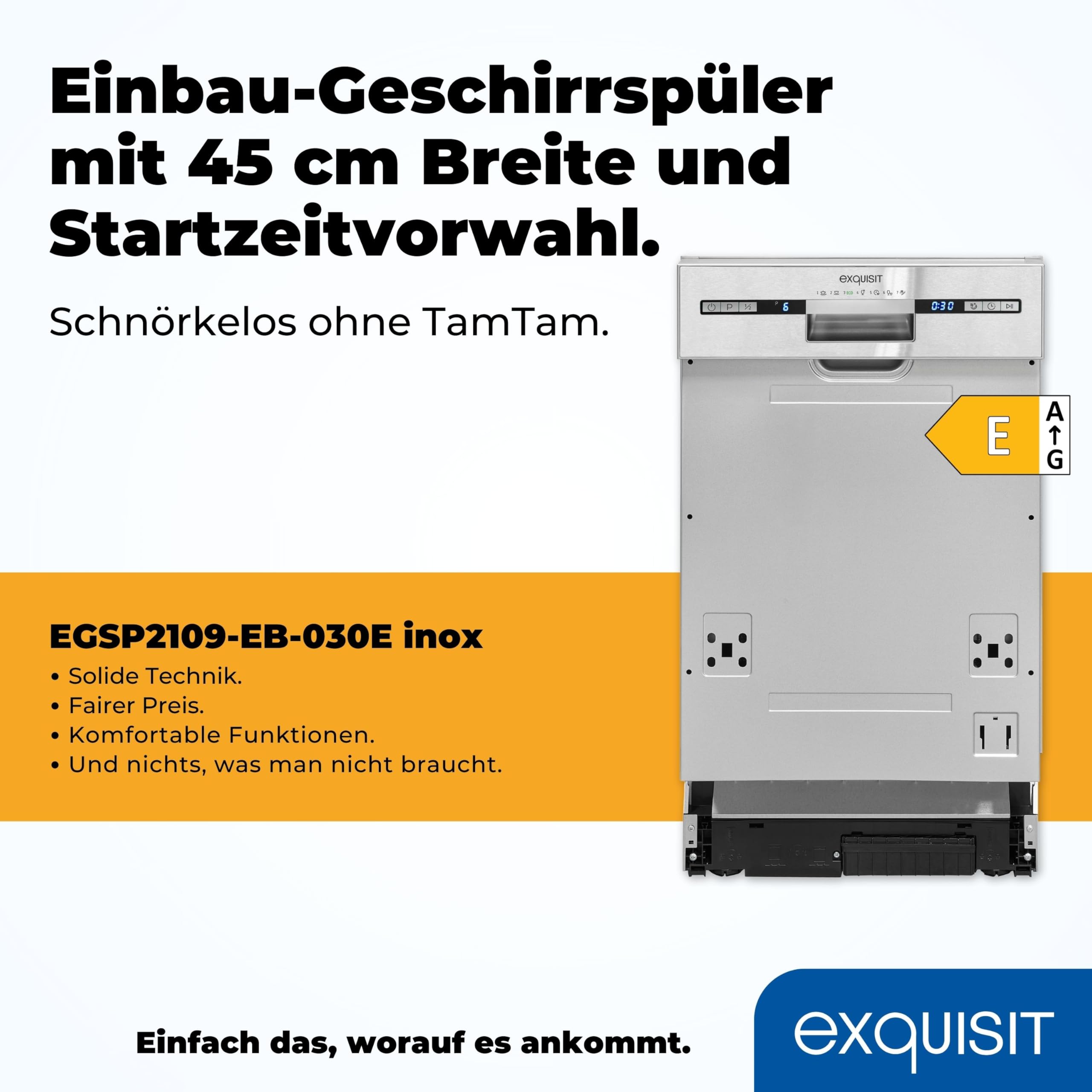 Exquisit EGSP2109-EB-030E Geschirrspüler 45 cm Teilintegriert 9 Maßgedecke Inox