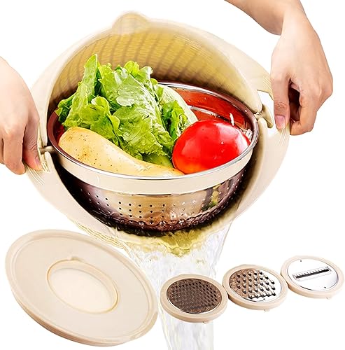 Colador 4 en 1 con cuenco mezclador, coladores de cocina, coladores y coladores de alimentos SIWRIOM con cortador de verduras, cesta de colador de
