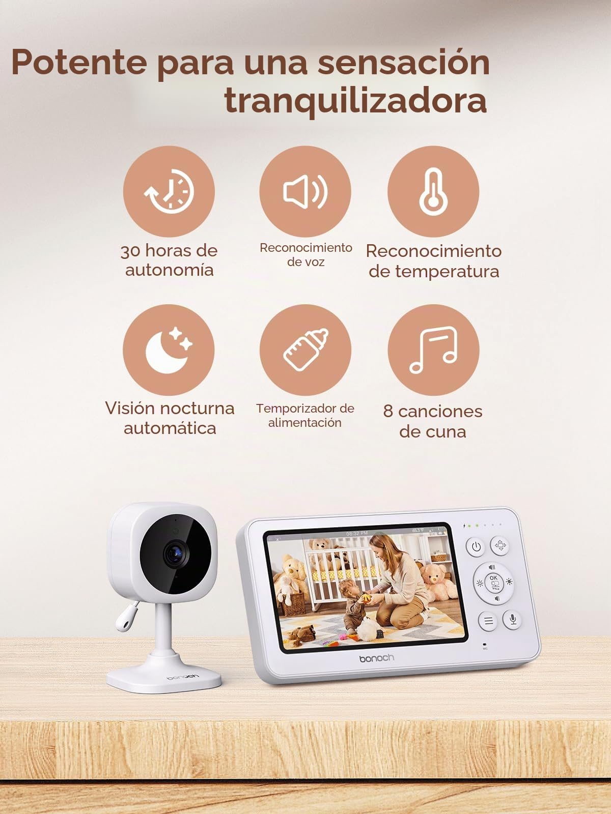 Bonoch - Babyphone (4,3 pulgadas, con cámara, 720p, batería 4000 mAh, sin Wi-Fi, visión nocturna, audio dúplex, modo VOX, sensor de temperatura, 8 canciones, zoom x2, x3, x4