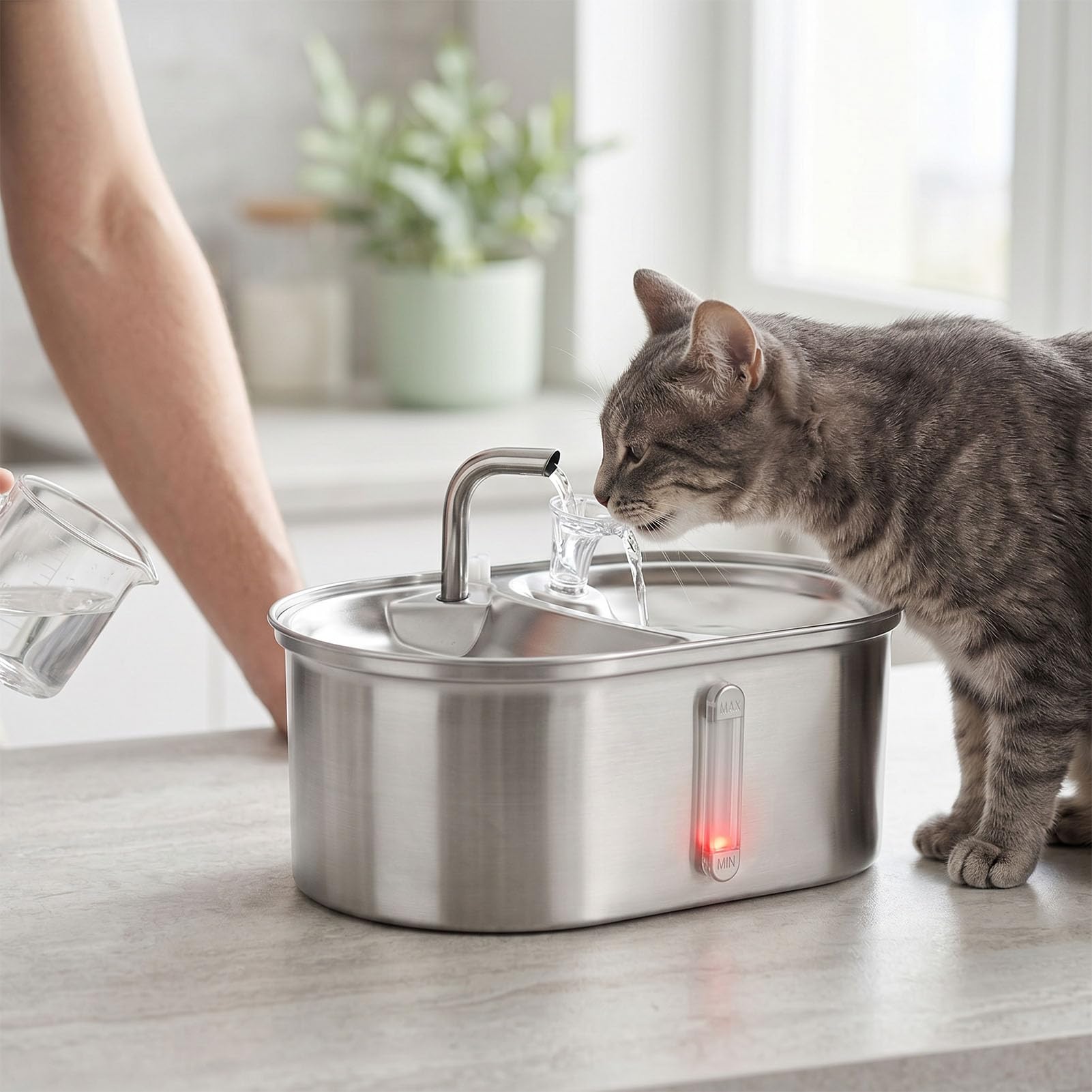 Fuente de Agua para Gatos, 2 en 1, Dispensador de Agua Automático de Acero Inoxidable de 3 litros, Diseño Elevado, Alimentador de Alimentos para Mascotas con Bomba Silenciosa y Diseño de