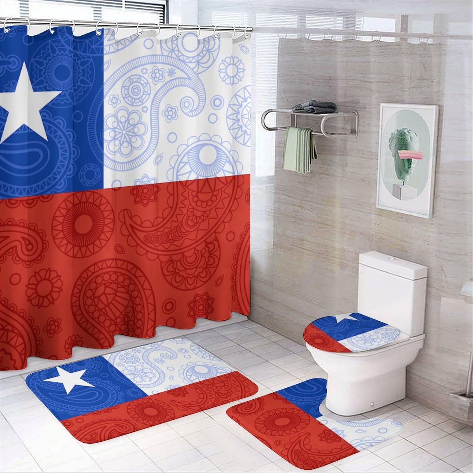 CGSBNGHA Chilean Paisley Flag Shower Curtain Set 4 Piece Bathroom Sets with Rugs Toilet Lid Cover And U-Shaped Floor Mat