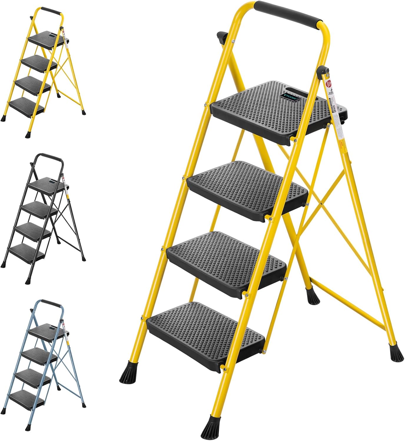4 Step Ladder, Heavy Duty Foldable Step Stool, Portable Steel Folding Stool for Household Garage Storage (Yellow)