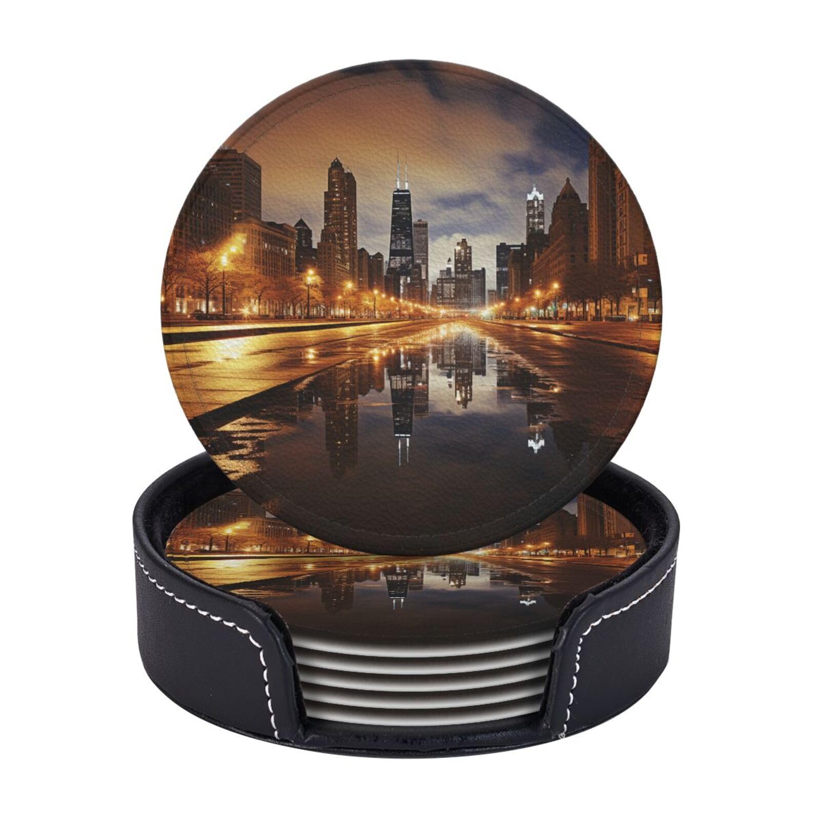 6Pcs PU Leather Coaster for Drinks, Chicago Cup Coasters with Holder, Aesthetic Drink Coasters for Coffee Table, Round Coaster for Tabletop Protection 4" Cup Mat Pad