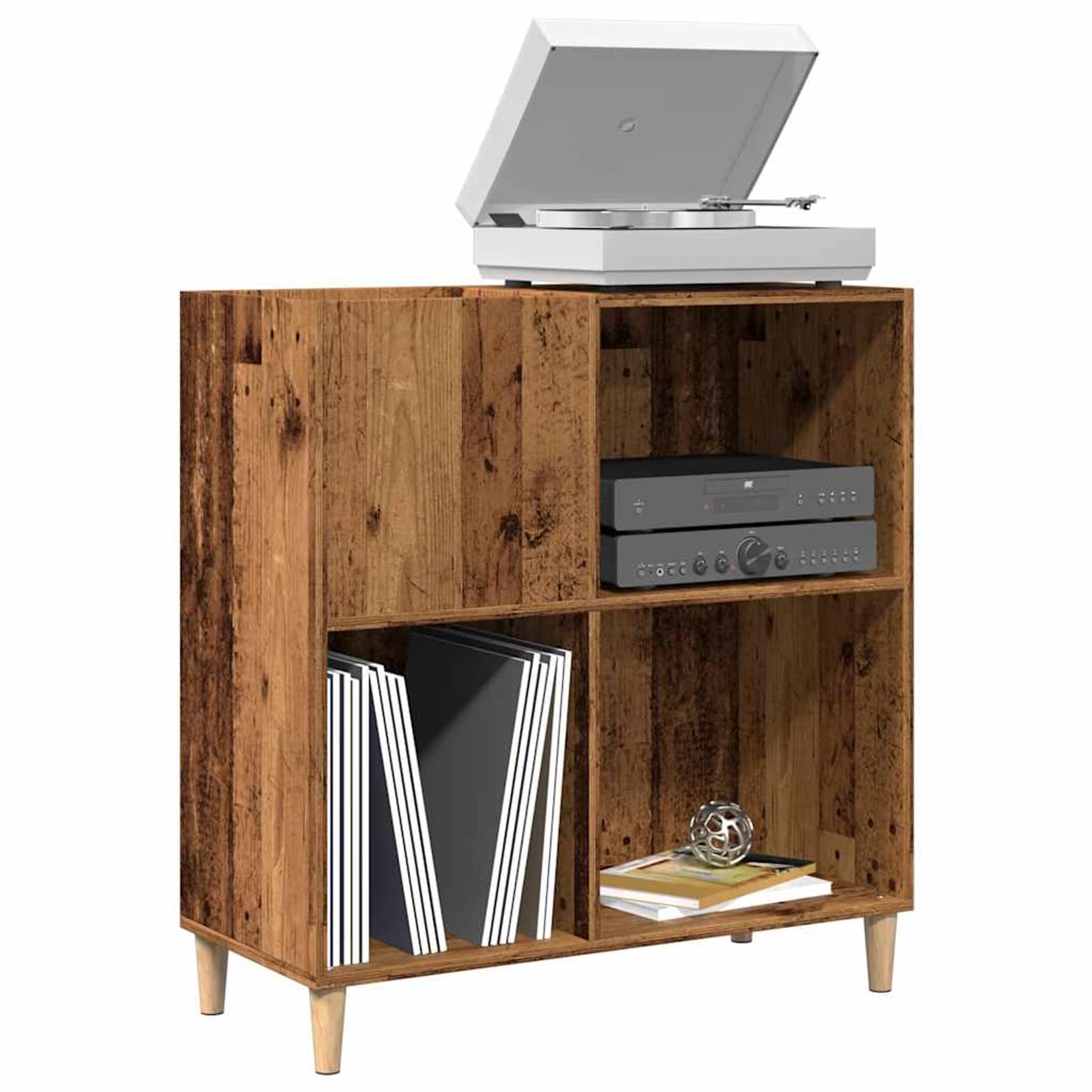 Armadio in legno con gambe in legno massiccio di eucalipto, 84,5 x 38 x 89 cm, effetto legno anticato, per riporre e esporre dischi in vinile