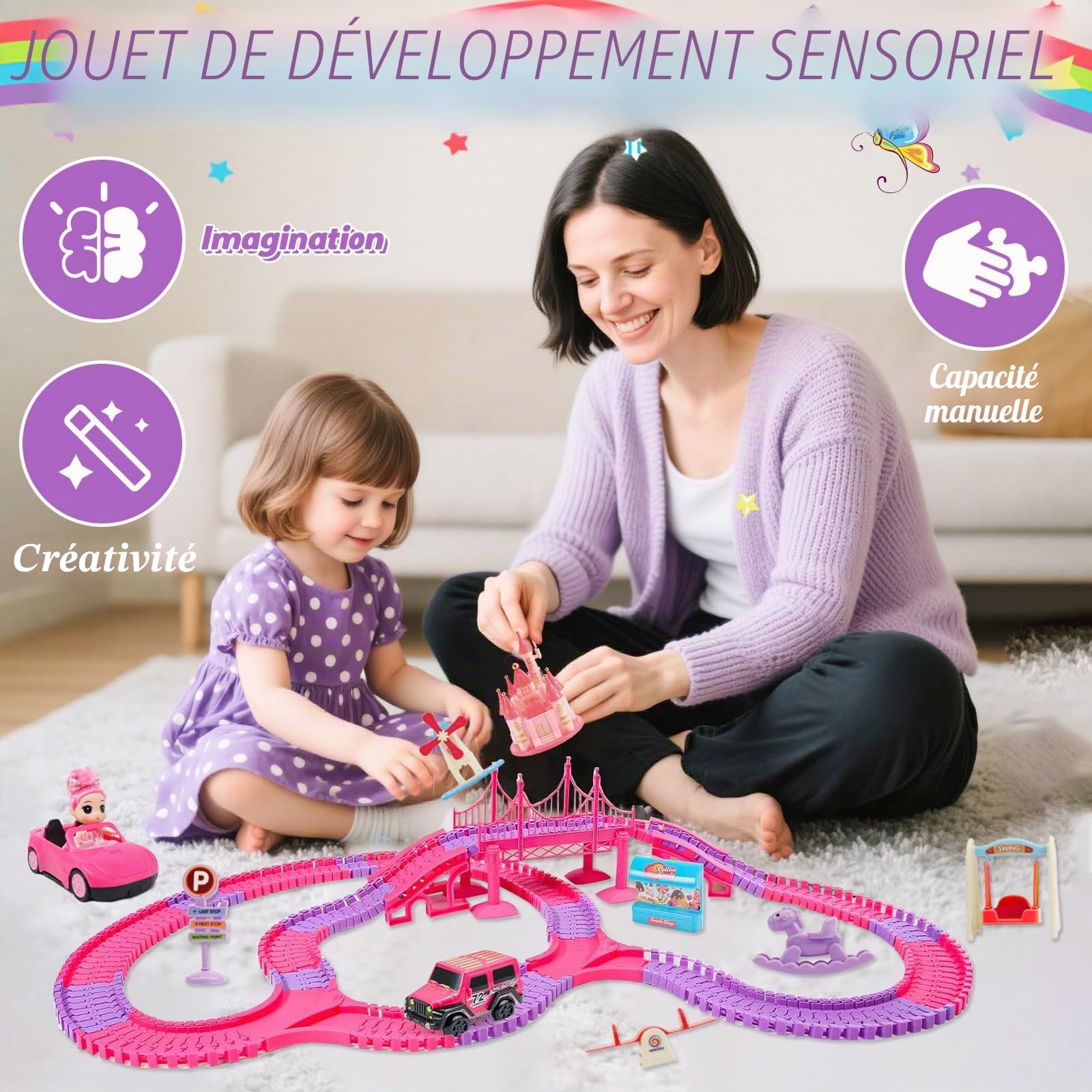 Rocky&Chao Circuit de Voitures Jouet 248 pièces avec poupée, Piste Flexible Rose avec Voitures, Jeu Enfant Fille dès 3 4 5 6 Ans
