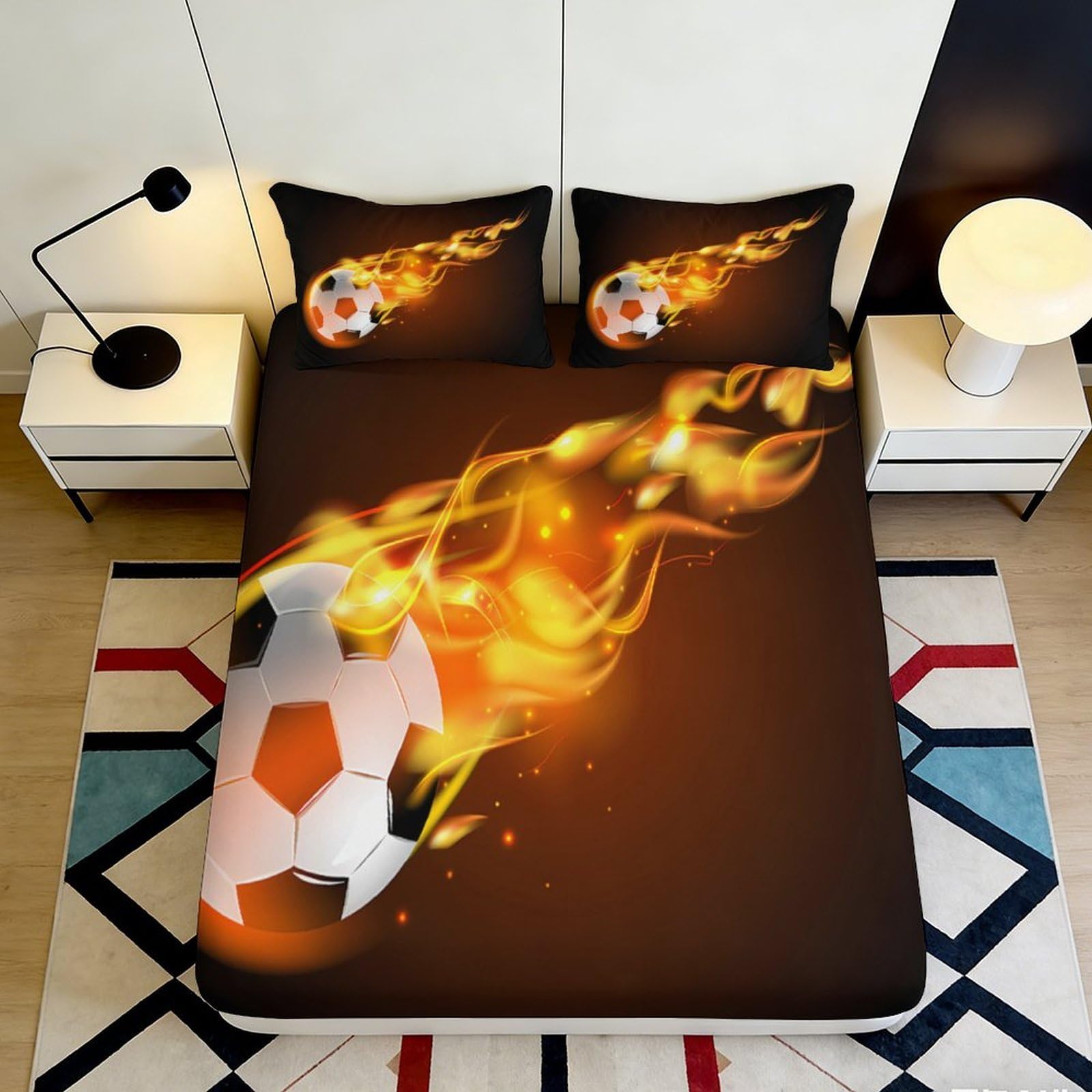 3D Printed Fire Soccer Fitted Sheet Microfiber Mattress Cover, Orange Flame Bed Cover for Bedroom Dorm, Easy Care 90x200x25cm
