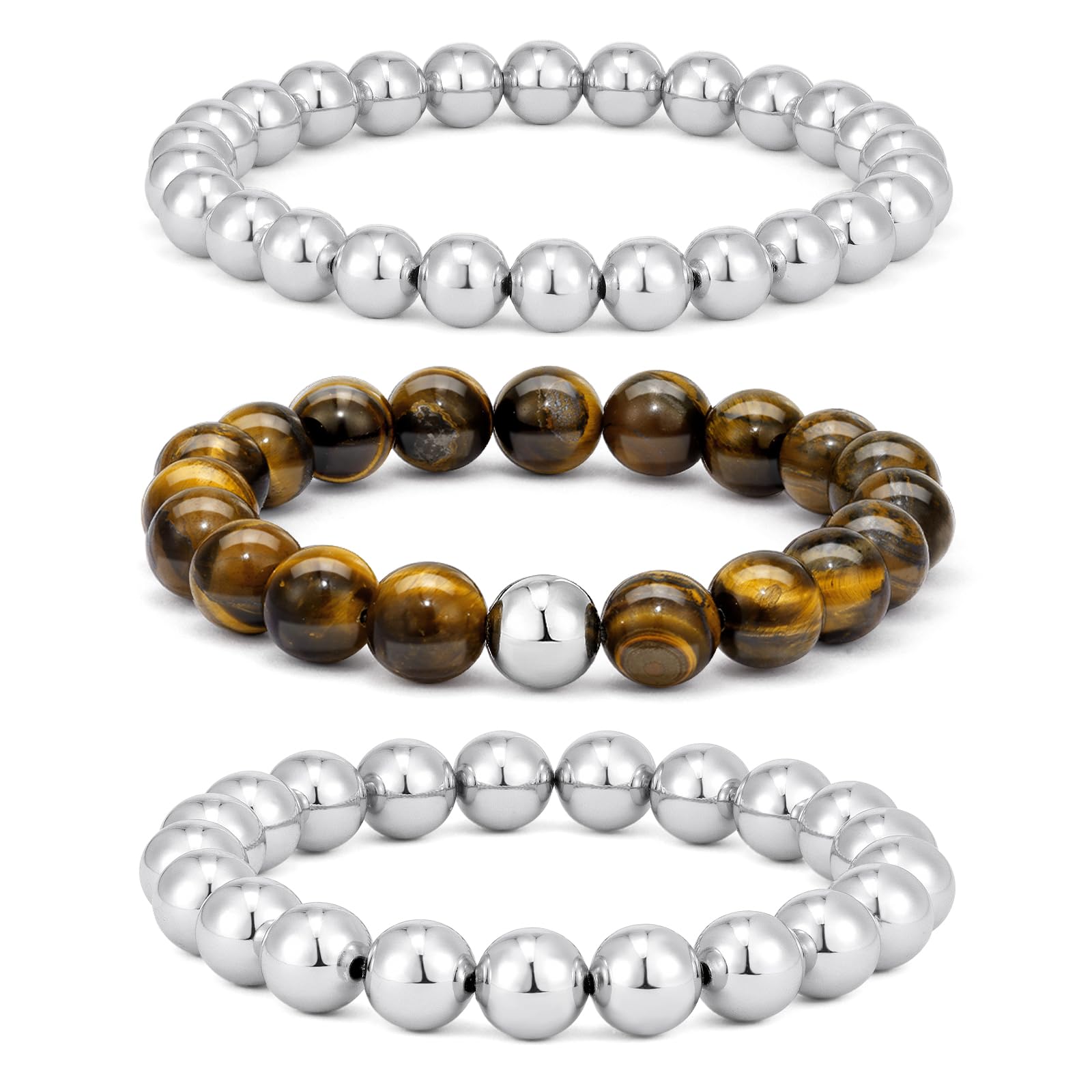HOBT Tiger Eye Bracelet for Men - 8/10mm Natural Stone Stretch Adjustable Beaded Bracelets Set for Men Women Gifts