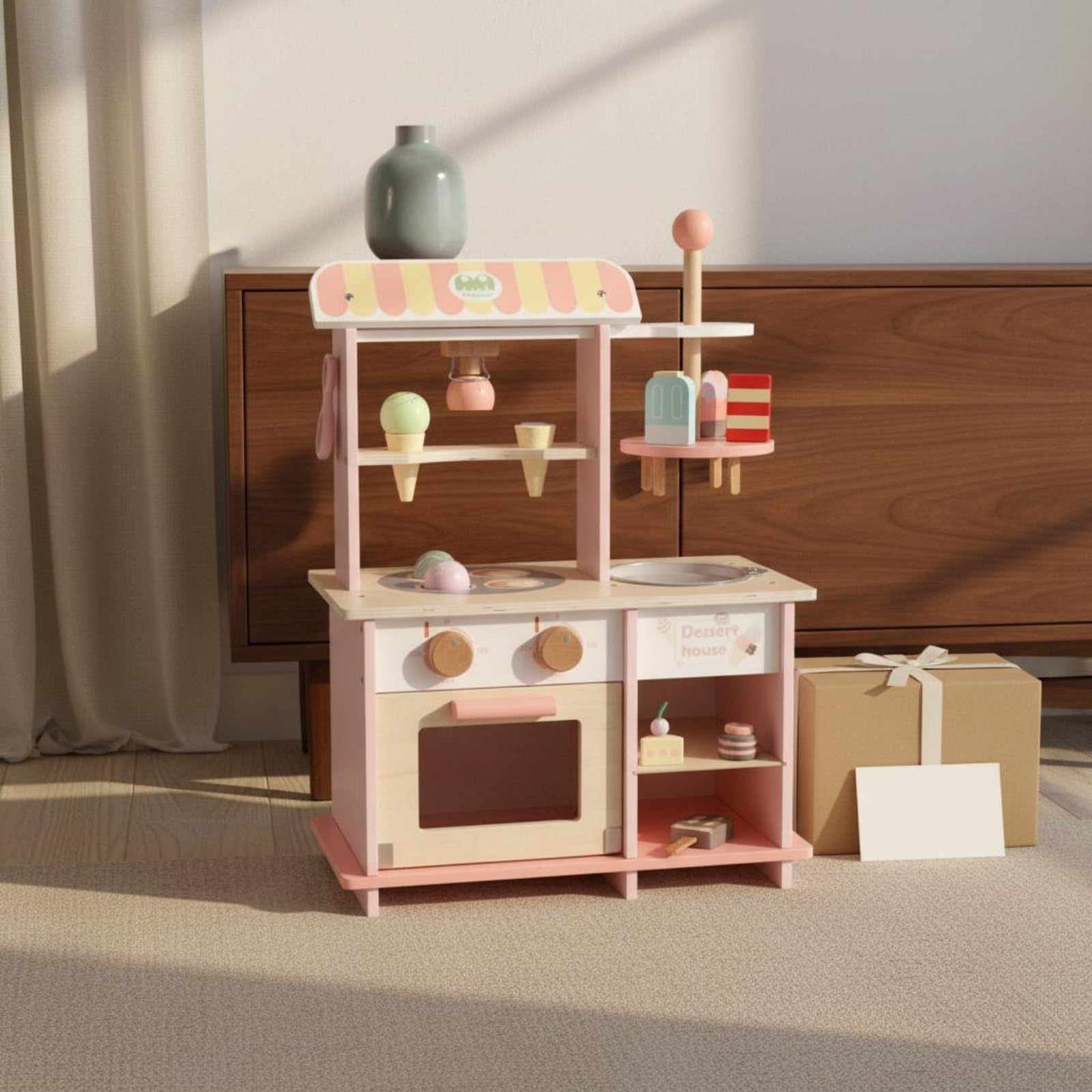 Jiuvaso Kids Dessert Playhouse Banco Gelati Finto per Bambini Negozio di Dolci in Legno Gioco di Ruolo Educativo Set Interattivo con Accessori Adatto per Casa Spazio Giochi Momenti Famiglia