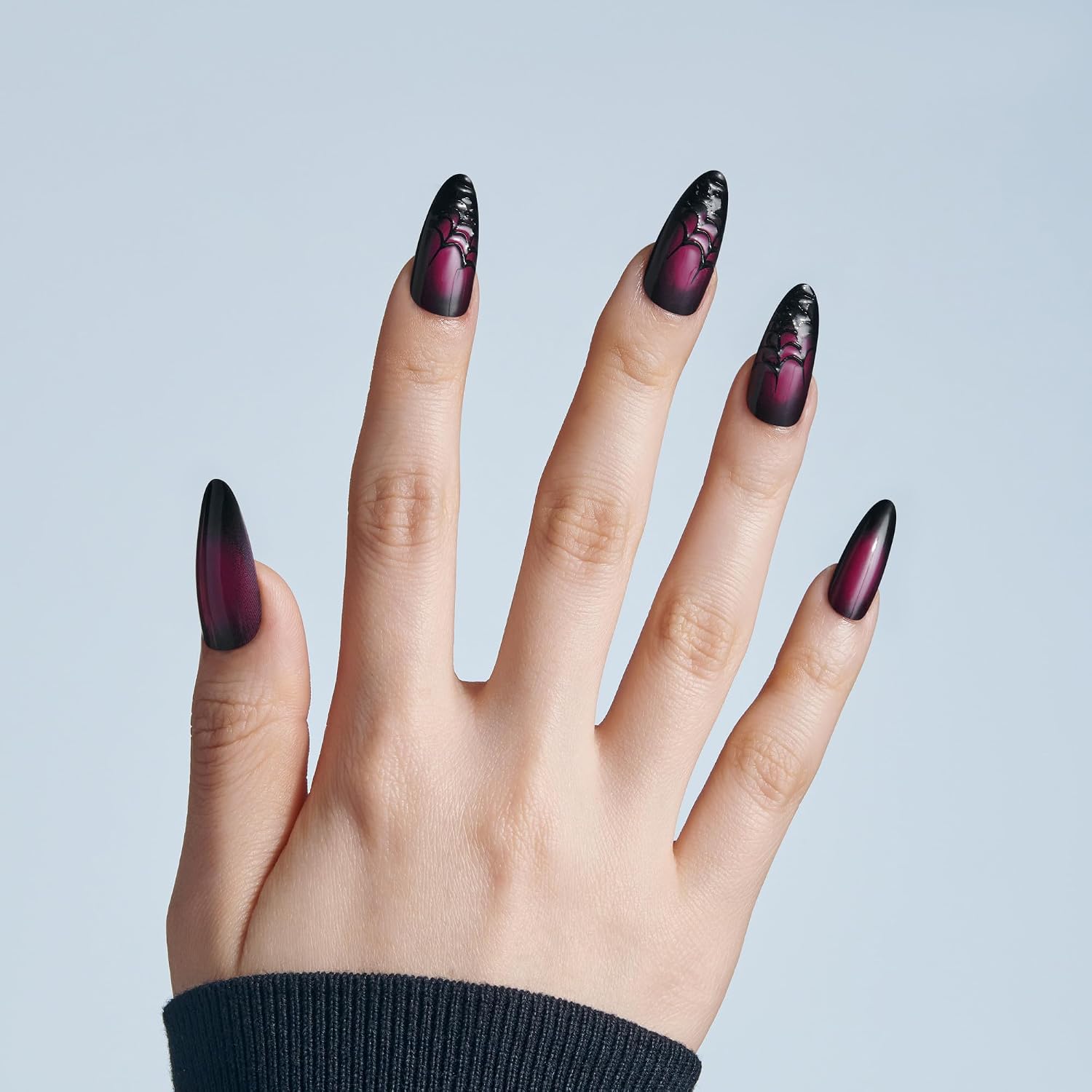 Kiss Haunt, Press On Nails, Nail glue included, 'Ghoulfriend', Black, Long Size, Almond Shape, Includes 32 Nails, 2g Glue, 1 Manicure Stick, 1 Mini File