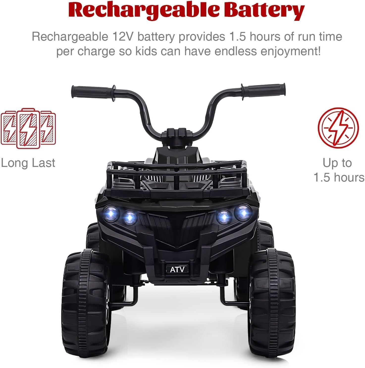 Elektryczny samochód dla dzieci Quad 12 V, elektryczny samochód dla dzieci, 2 prędkości, 4 koła, LED, muzyka, 2-5 lat, czarny