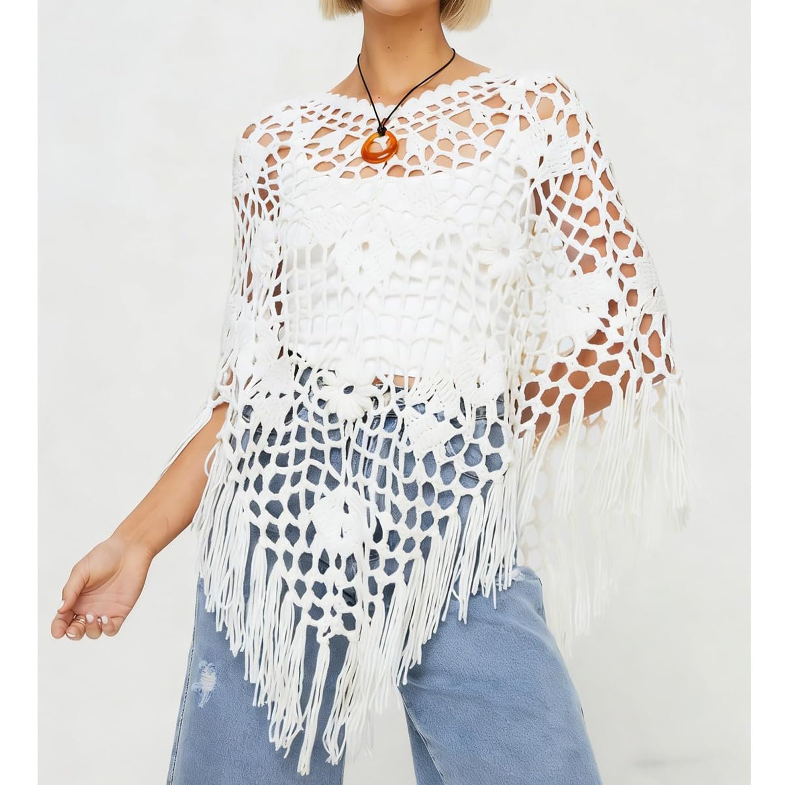 Genérico Poncho Y Capa De Punto Y Ganchillo Para Mujer Diseño Floral Con Flecos, Estilo Boho Y Casual Cubrebaños Chal Envolvente