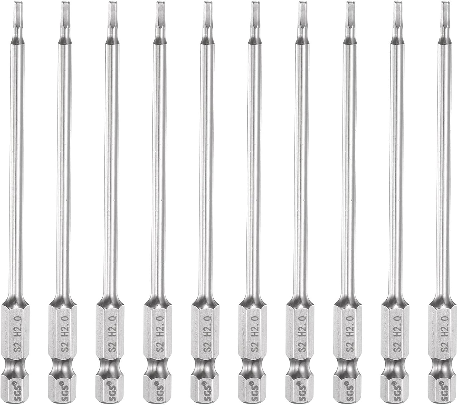HARFINGTON 10pcs Flat Hex Head Screwdriver Bit 2mm (H2) Tip 1/4" Hex Shank 100mm (4") Long Magnetic Professional Grade S2 Steel Metric Hexagon Screw Driver Drill Bits Power Wrench