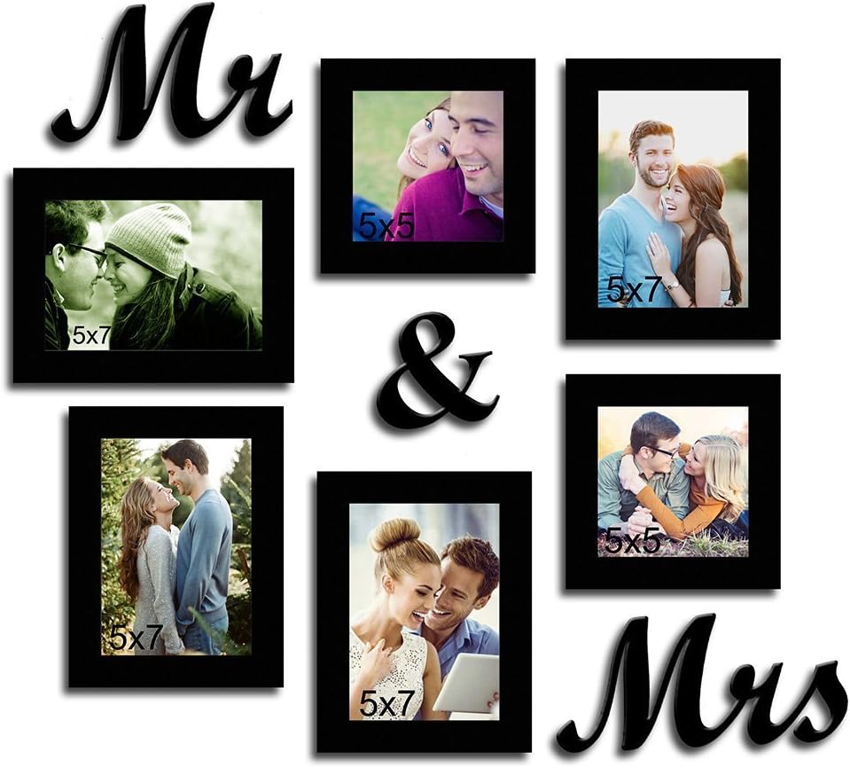 Art Street Picture Frame Set of 6, Black Photo Frame, Individual Picture Frame Collage with Mr & Mrs MDF Plaque-Mix Size- 5x5, 5x7 Inches