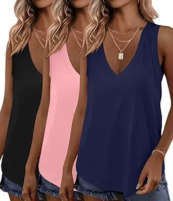 KKJ 3 Pack Womens Tank Tops Workout Summer Vacation Outfits V Neck Loose Sleeveless Blouse Casual Shirts Fall Fashion Clothes