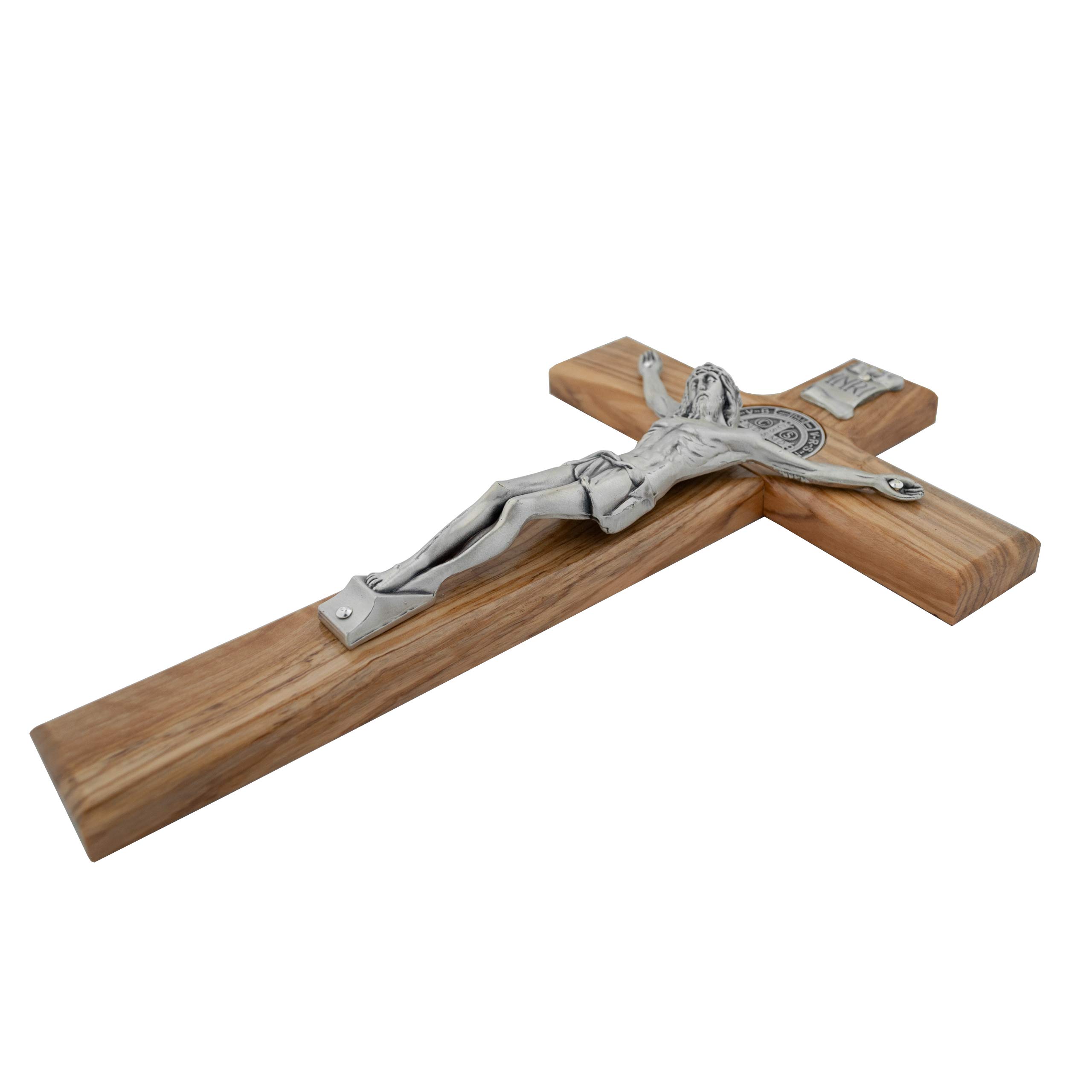 Wooden Wall Cross with Saint Benedict Medal | Beautiful Silver-Tone Jesus | Solid Stained Wood | Ready to Hang on Wall | Great Gift for Baptism, New Home, Weddings | Made in Italy