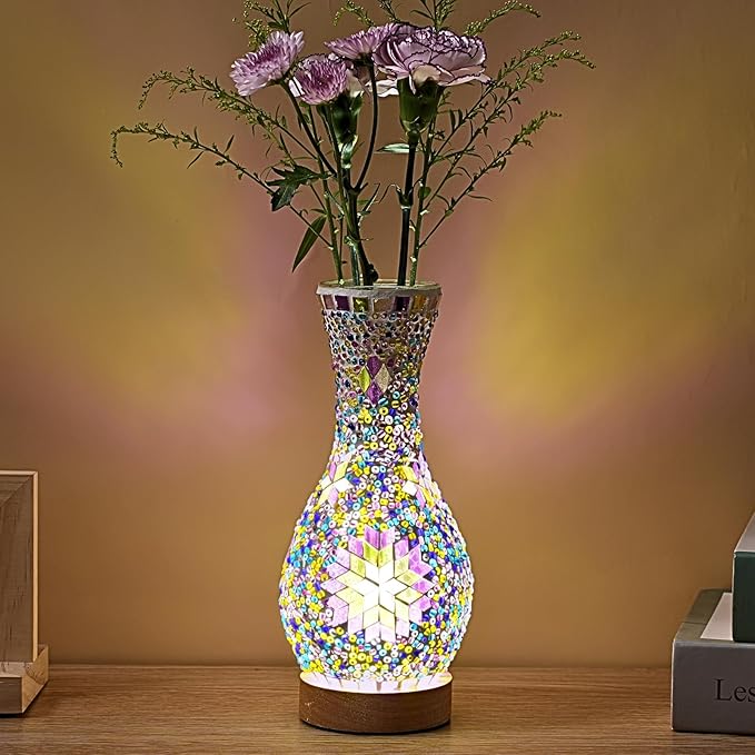 JAITAIK Turkish Mosaic Table Lamp, Moroccan Style Colorful Handmade Glass Vase, USB Tiffany Mosaic Table Night Light for Bedroom, Living Room Decor, 9" Height