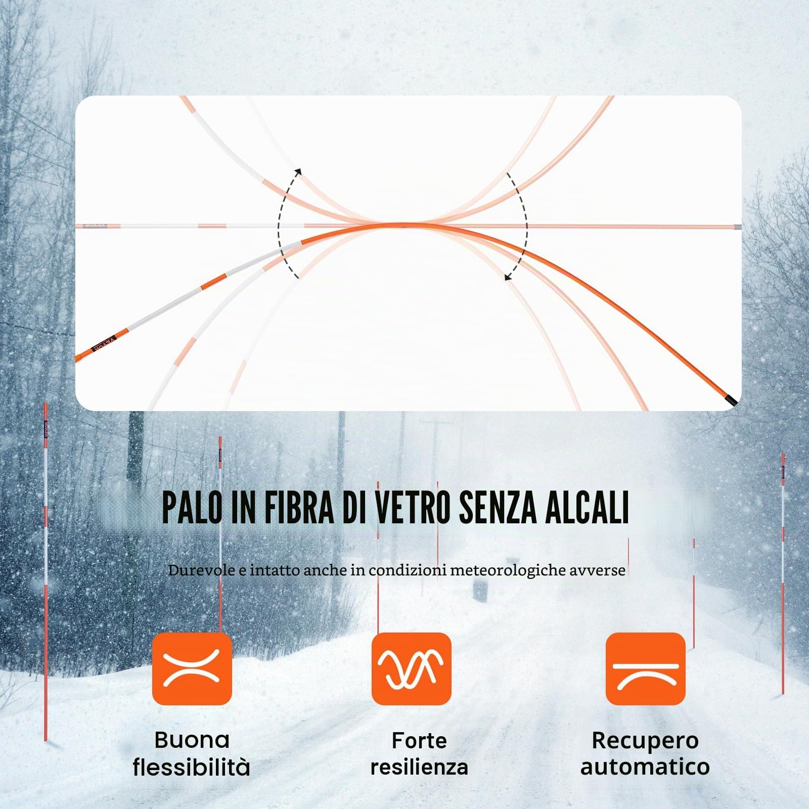 VEVOR Segnalatori per Passo Carrabile, 100 Pezzi 0,78x121,5 cm, Pali Marcatori da Neve in Fibra di Vetro Arancione Pali da Neve con Nastro Riflettente, Striscia Riflettente ad Alta Visibilità 121,5 cm