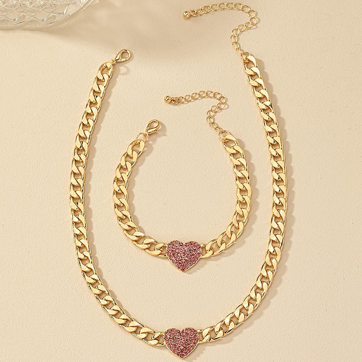 Rheinstone Heart Necklace Bracelet Set Sparkling Chunky Heart Cuban Chain Choker Necklace White Pink Crystal Love Bracelet Gold Silver Link Chain Necklace Birthday Party Christmas Mother's Day Jewelry for Women - Image 3