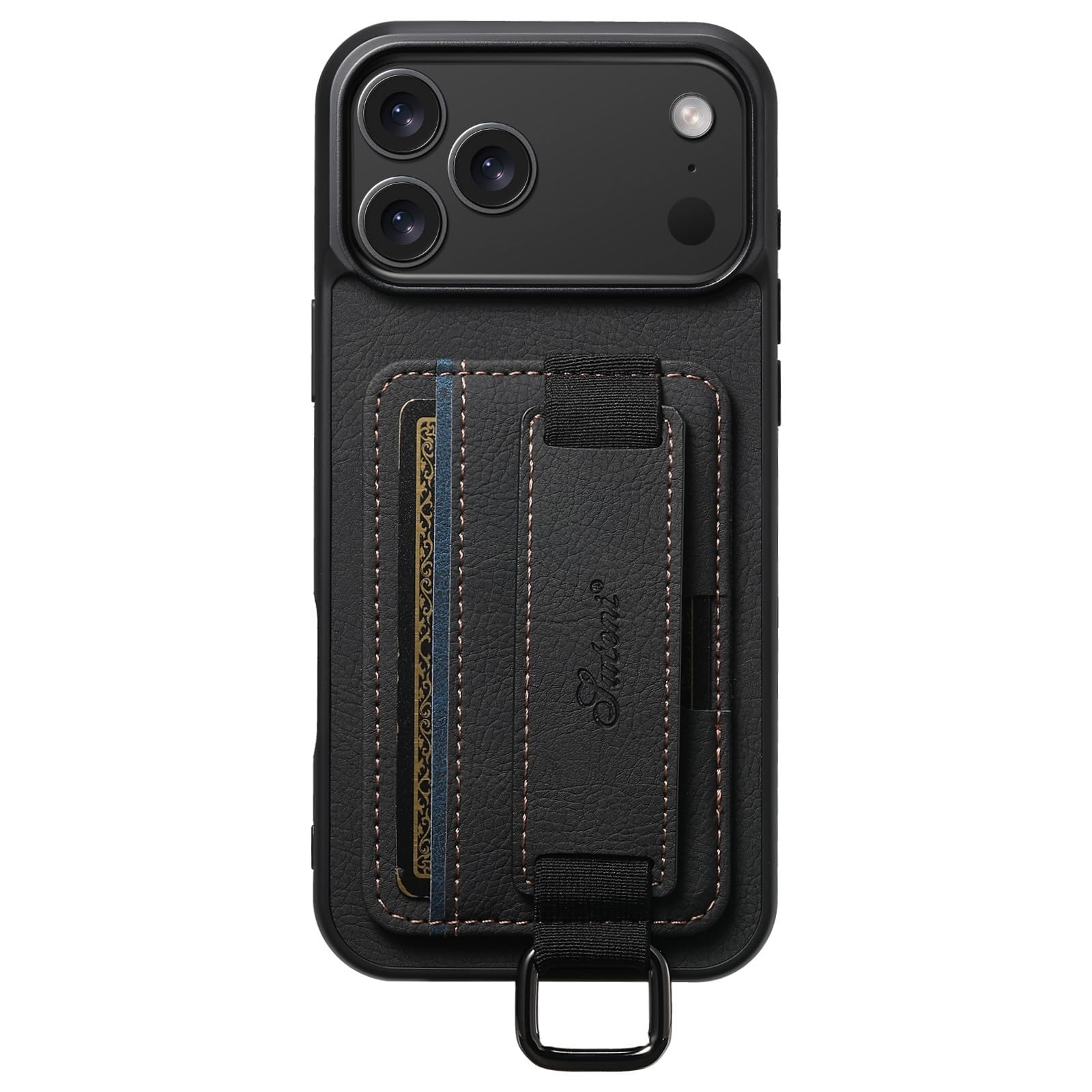 Generic Funda compatible con iPhone 15 (color: negro), cartera de piel, correa de mano, funda trasera de silicona