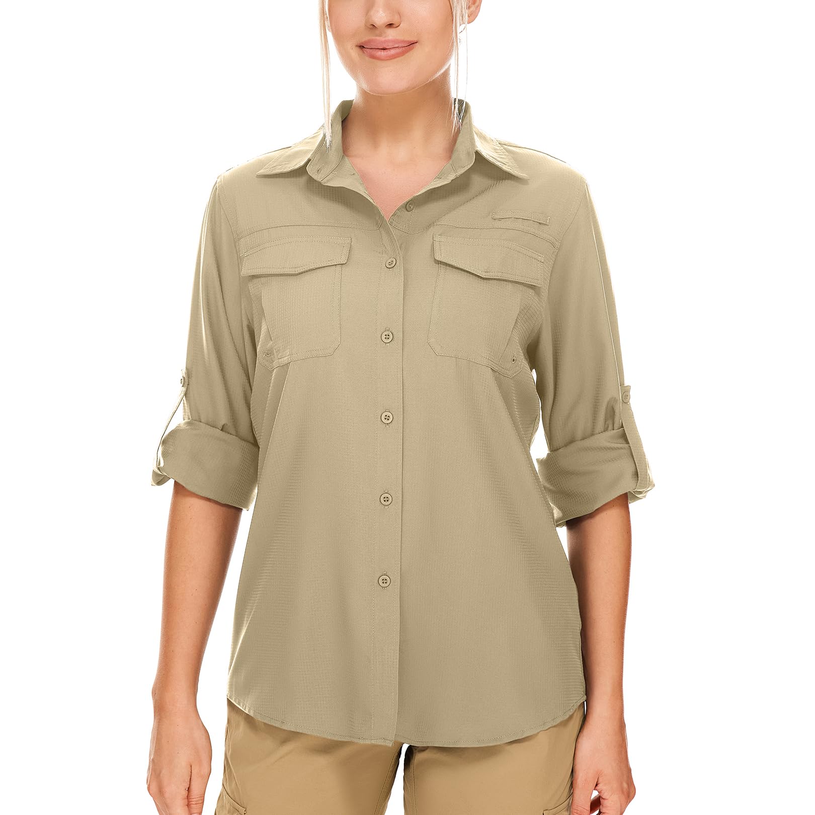Chemise de soleil safari pour femme UPF 50+ Protection solaire UV à manches longues Séchage rapide Pour la pêche, la randonnée, le jardinage